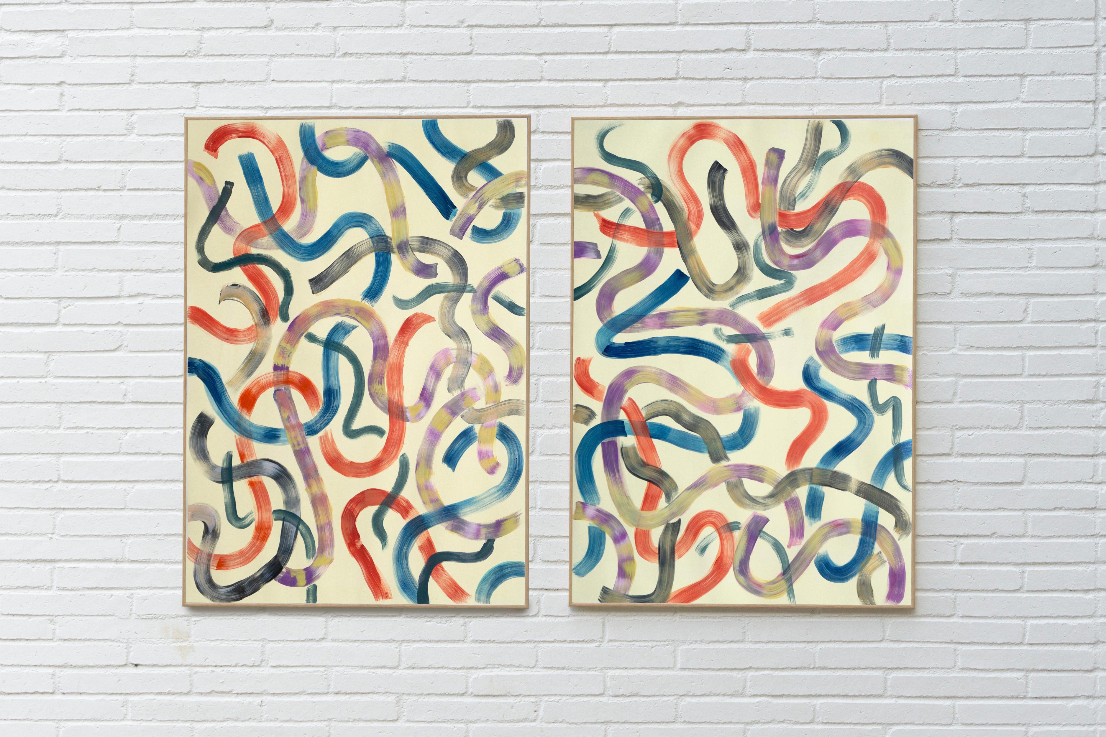 Colorful Abstract Forms on Vanilla, Diptych, 100x140cm, Acrylic, Abstract Art - Painting by Kind of Cyan