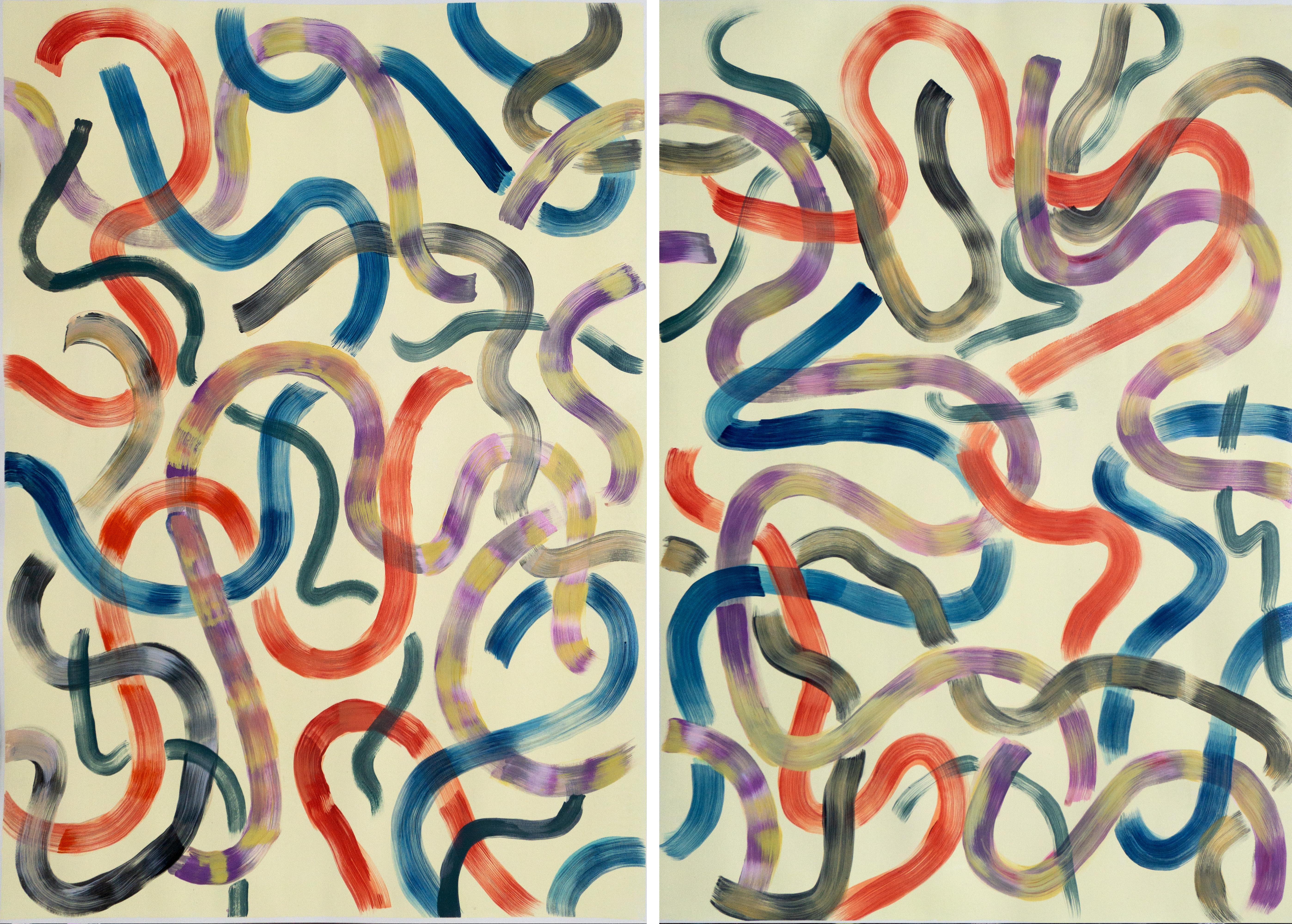 Kind of Cyan Still-Life Painting - Colorful Abstract Forms on Vanilla, Diptych, 100x140cm, Acrylic, Abstract Art
