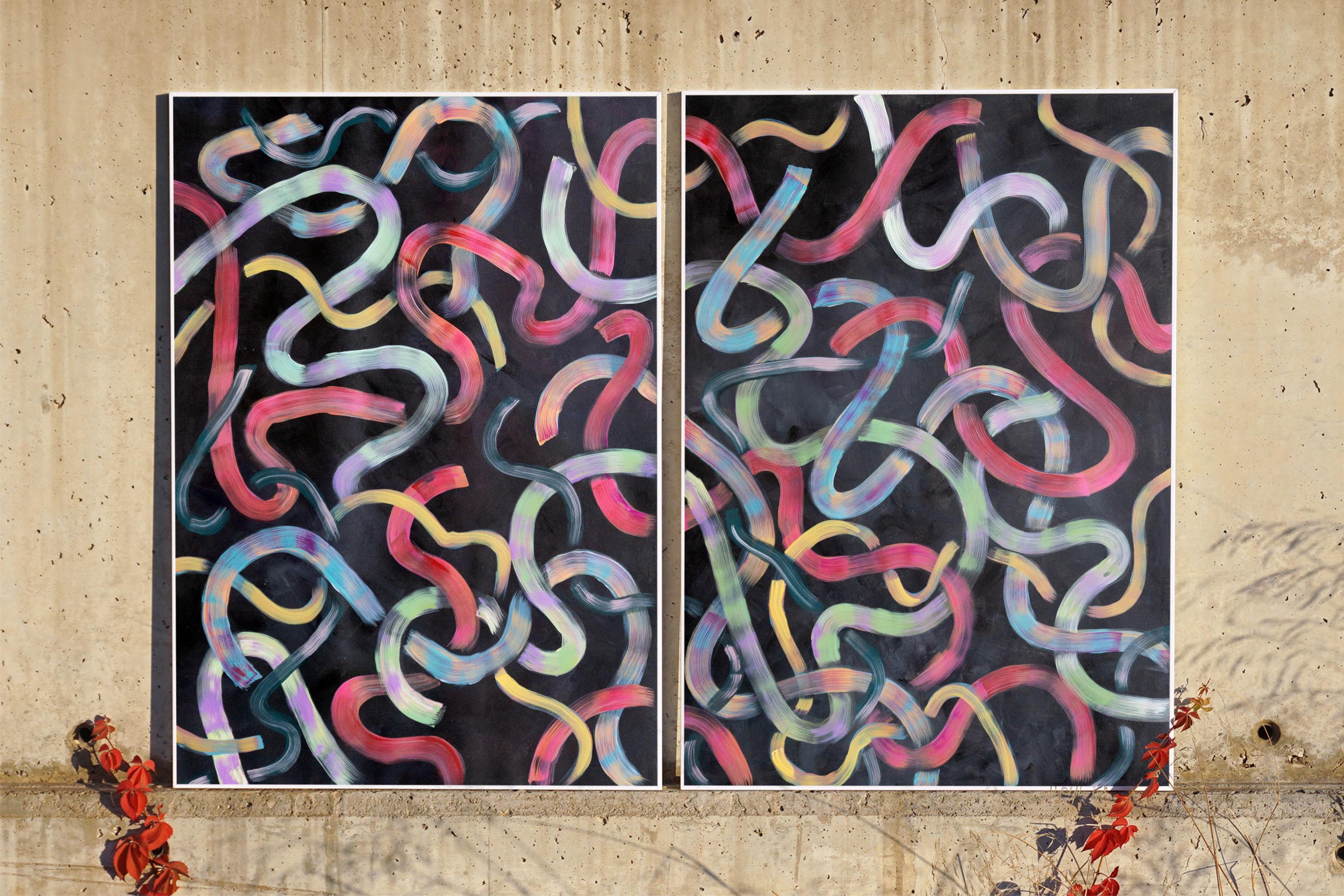 Neon City Lights on Black, Vivid Acrylic Diptych, Abstract Brushstrokes Painting 4
