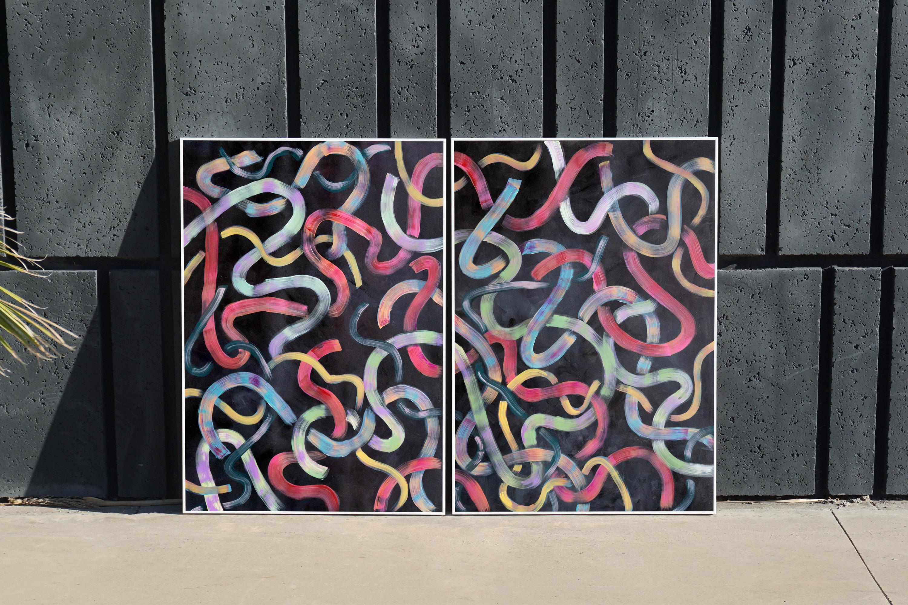 Neon City Lights on Black, Vivid Acrylic Diptych, Abstract Brushstrokes Painting 1