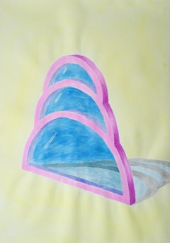 Transparent Teardrop Window, Watercolor on Paper, Yellow, Blue, Pink, Minimal