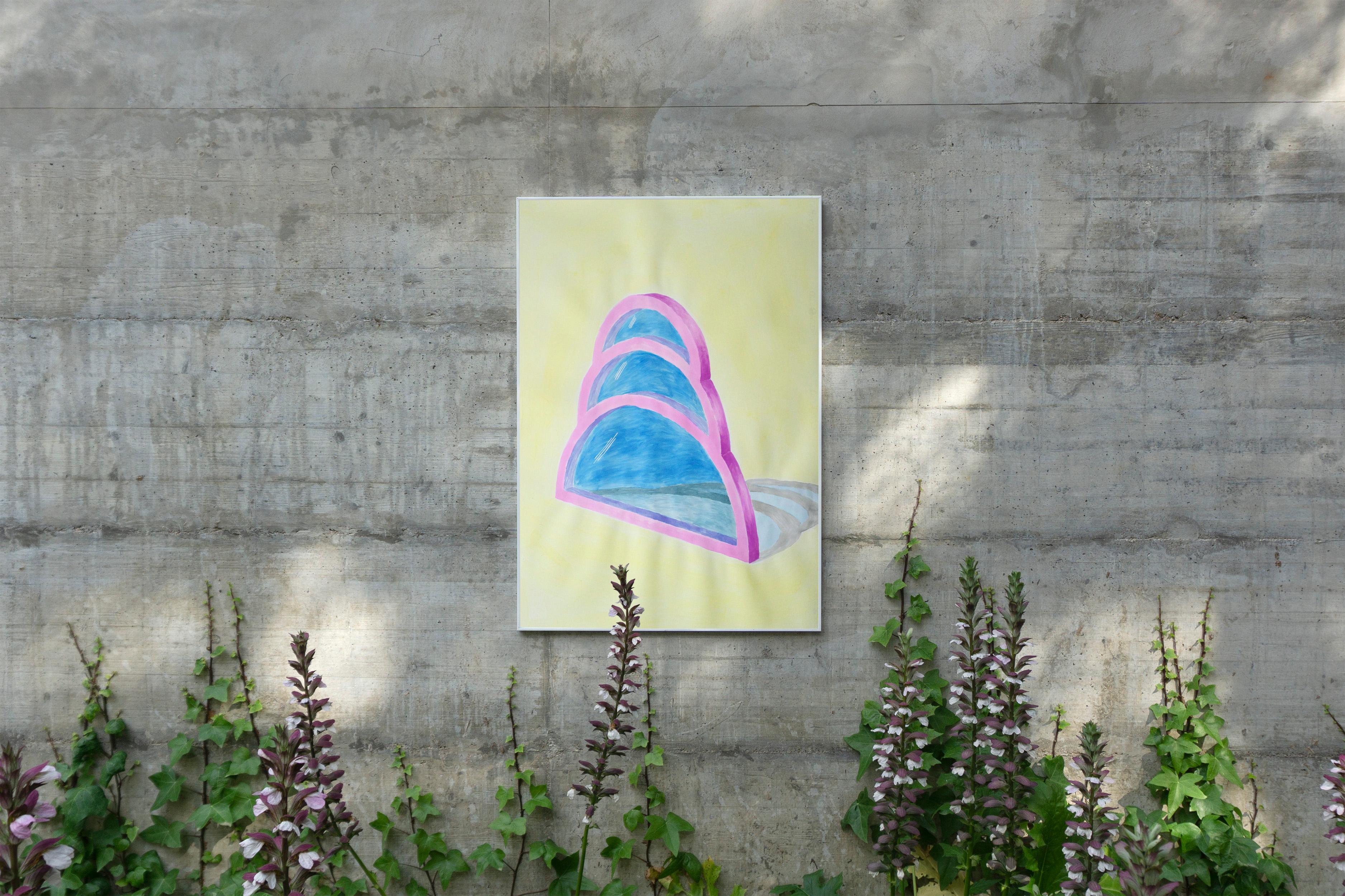 Transparent Teardrop Window, Watercolor on Paper, Yellow, Blue, Pink, Minimal - Beige Interior Art by Ryan Rivadeneyra