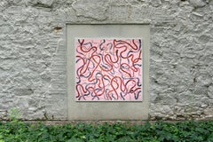 Red Loose Gestures on Pink, Square Abstract Painting on Paper, Nice Brushstrokes