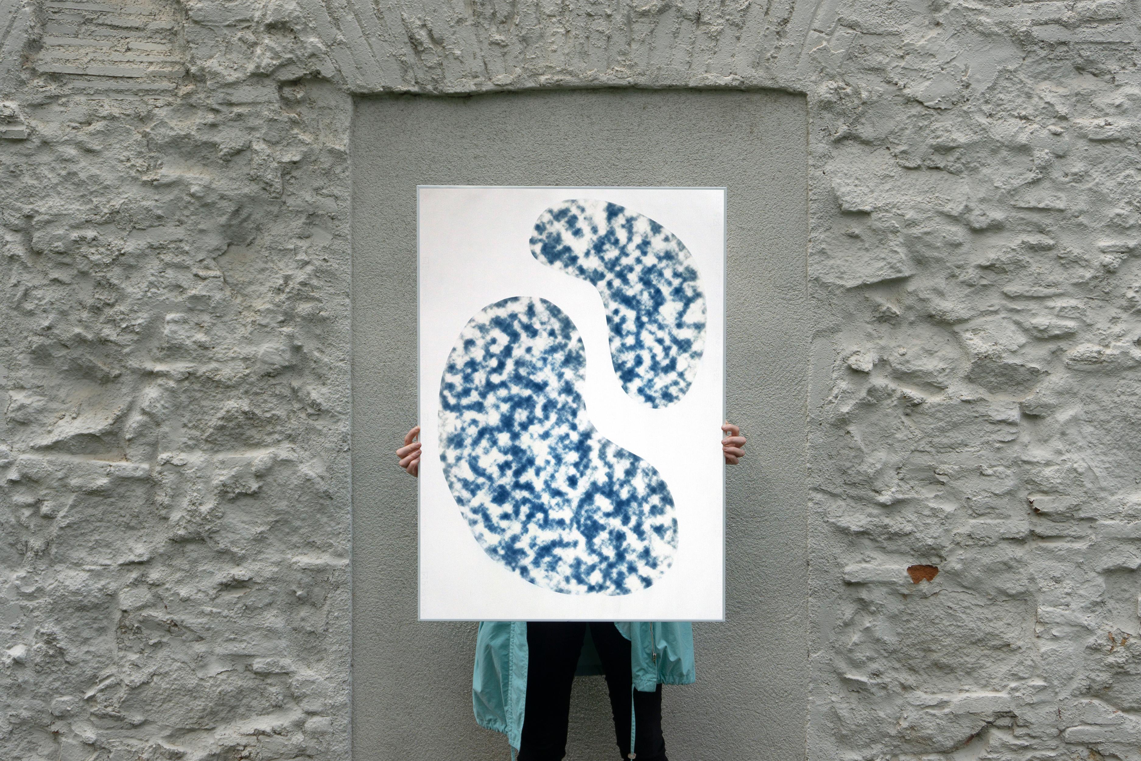 This is a unique cyanotype print imitating Kidney Bean Pools. The emulsion was hand-painted and exposed using a textured photo negative. 

Frame is for illustrative purposes only, artwork is sent carefully rolled in a tube. 

Details:
+ Title: