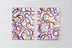 Abstract Painting, Colorful Brushstrokes on Sky Blue, Acrylic Diptych on Paper