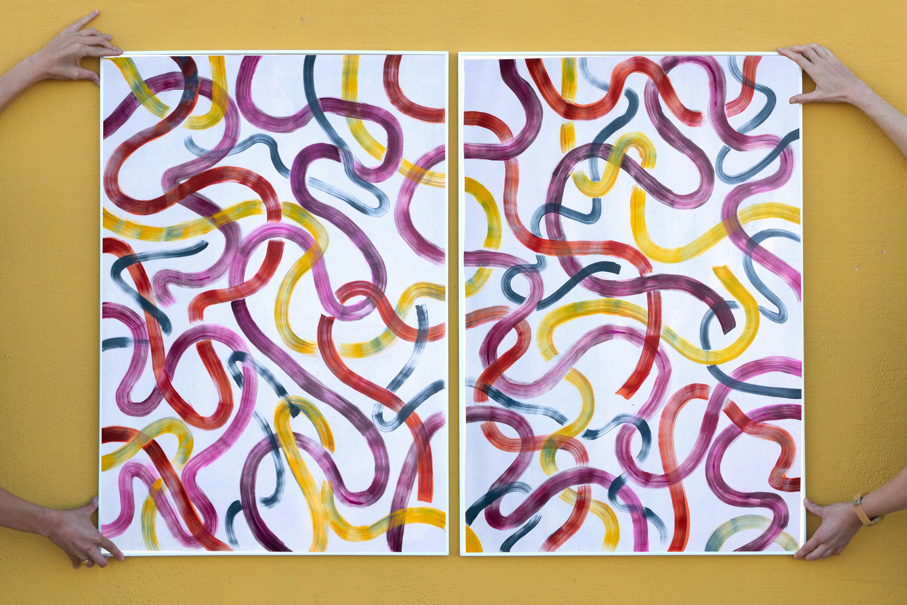 Abstract Painting, Colorful Brushstrokes on Sky Blue, Acrylic Diptych on Paper 2