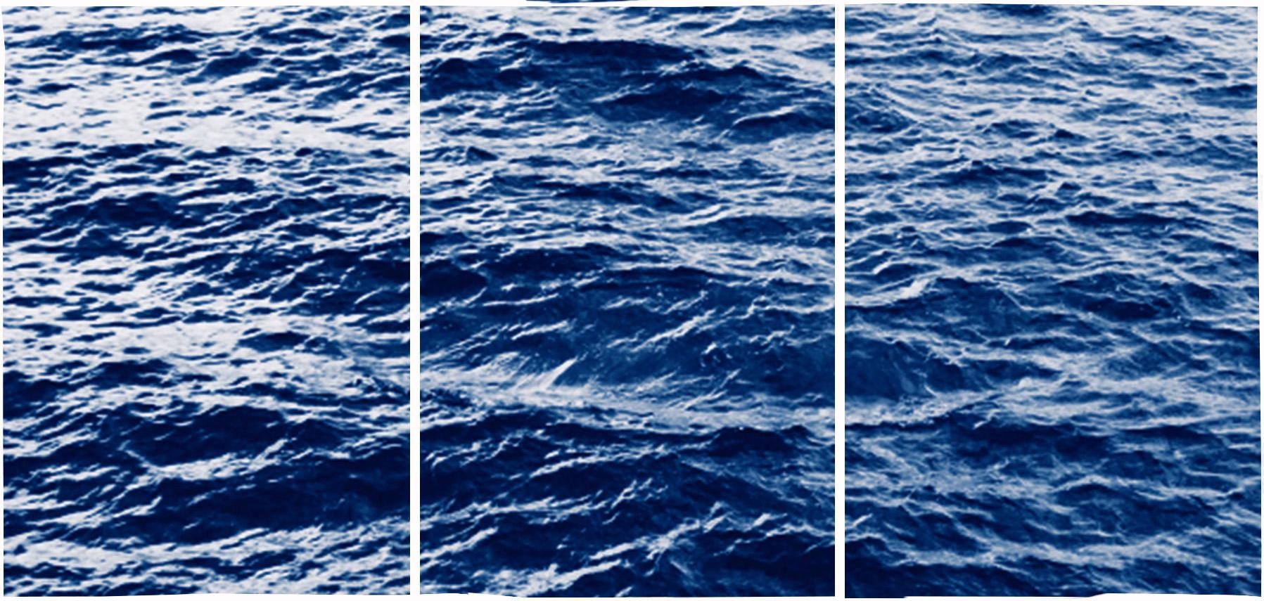 Kind of Cyan Abstract Print - Cyanotype Triptych of Endless Ocean Waves in Montauk, Large Seascape, 2020 