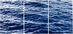 Cyanotype Triptych of Endless Ocean Waves in Montauk, Large Seascape, 2020