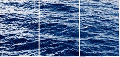 Cyanotype Triptych of Endless Ocean Waves in Montauk, Large Seascape, 2020 