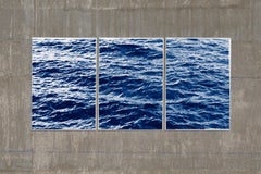 Cyanotype Triptych of Endless Ocean Waves in Montauk, Large Seascape, 2020