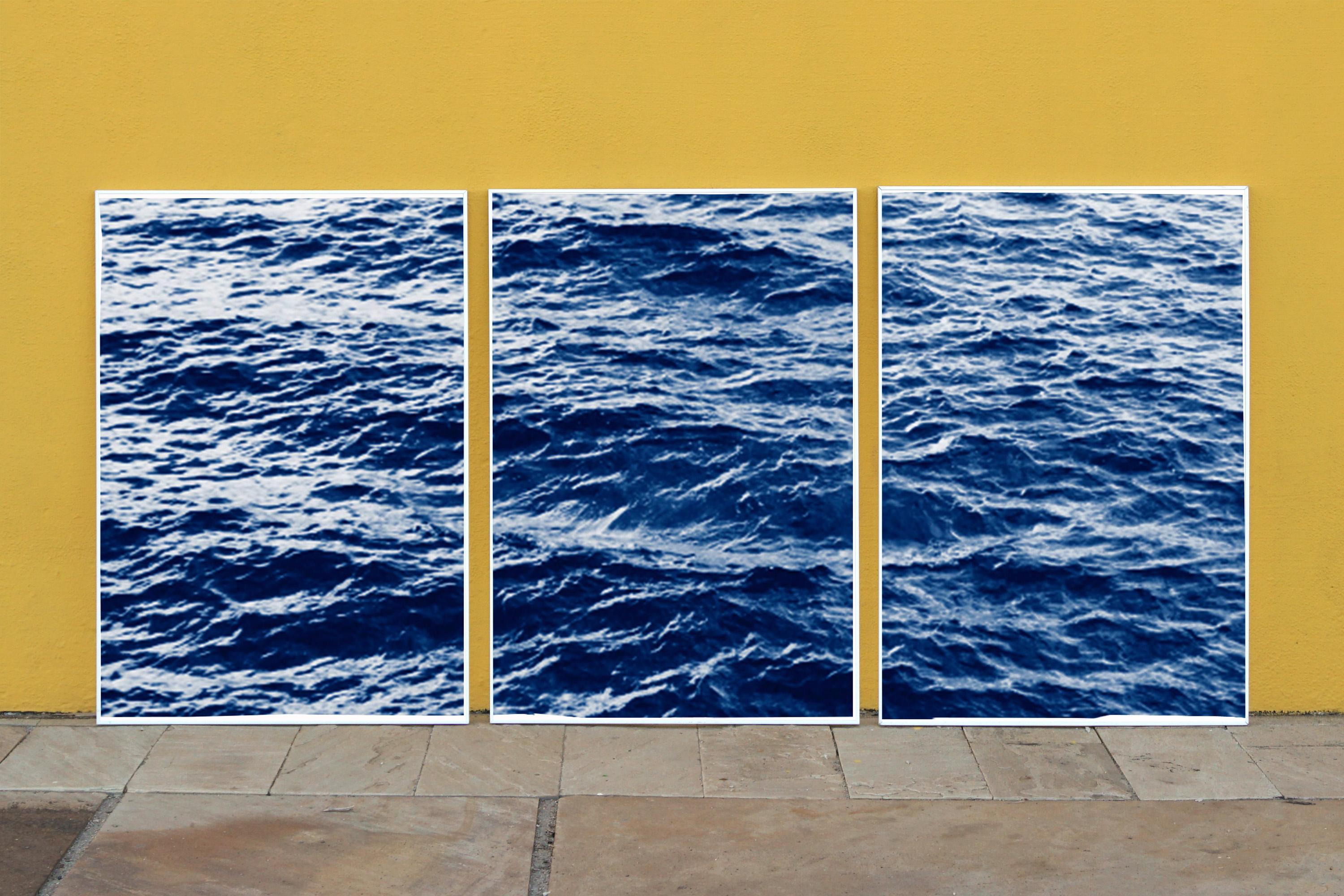 Cyanotype Triptych of Endless Ocean Waves in Montauk, Large Seascape, 2020  - Minimalist Print by Kind of Cyan