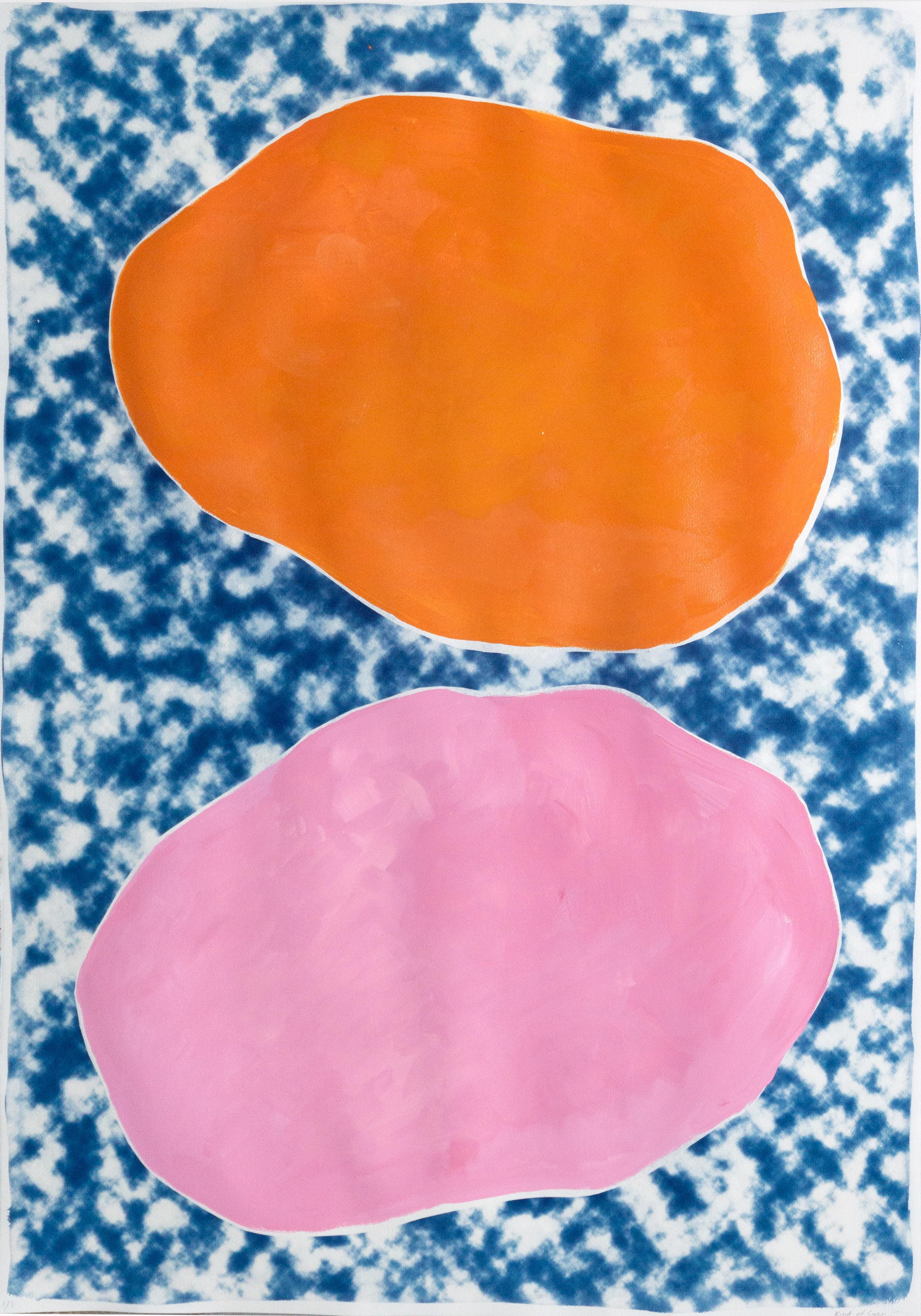 Kind of Cyan Abstract Print - Pink and Orange Ovals on Clouds, Acrylic Paint on Cyanotype, Abstract Monotype