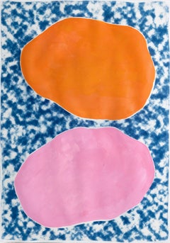 Pink and Orange Ovals on Clouds, Acrylic Paint on Cyanotype, Abstract Monotype