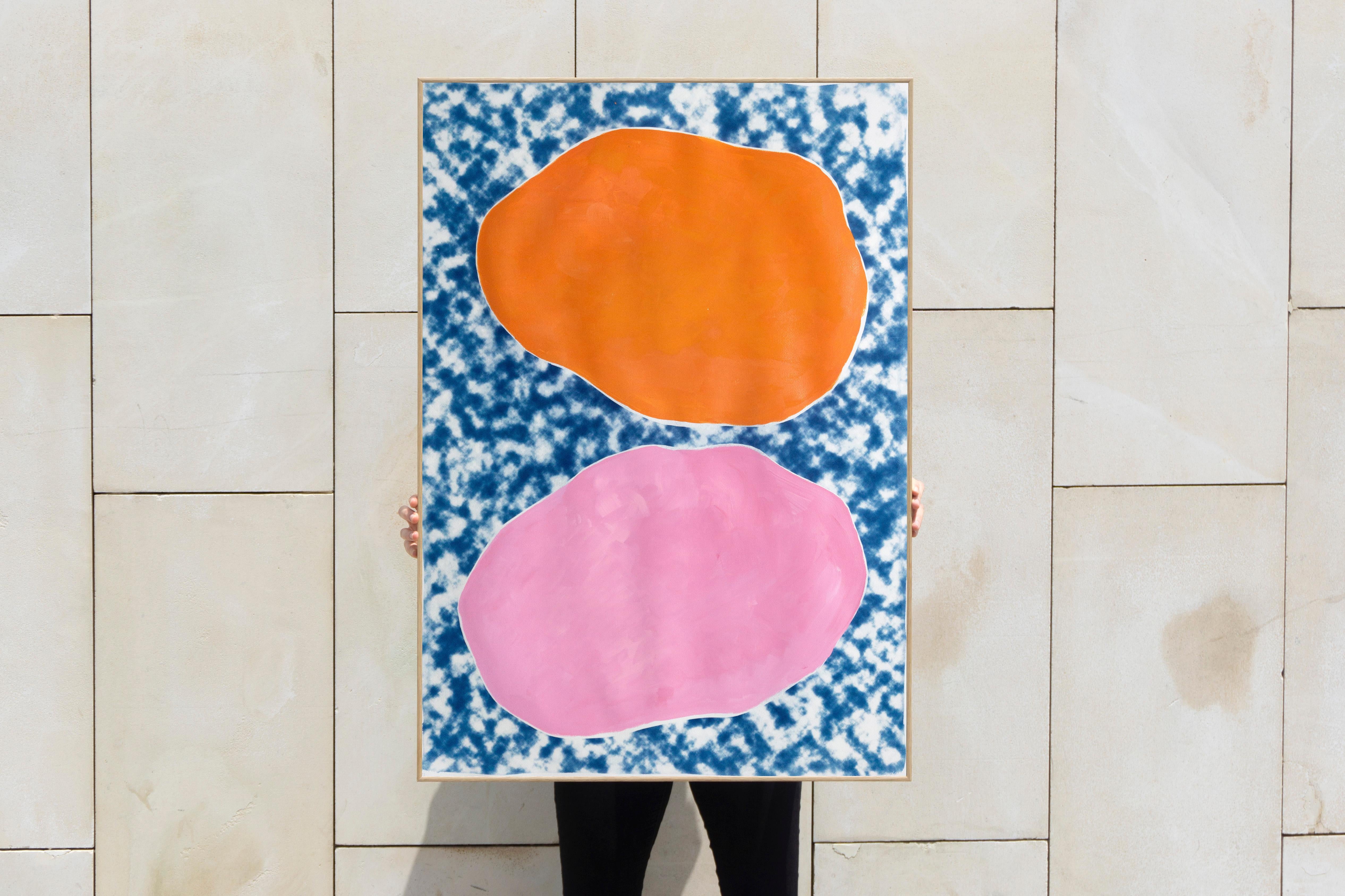 Pink and Orange Ovals on Clouds, Acrylic Paint on Cyanotype, Abstract Monotype - Print by Kind of Cyan