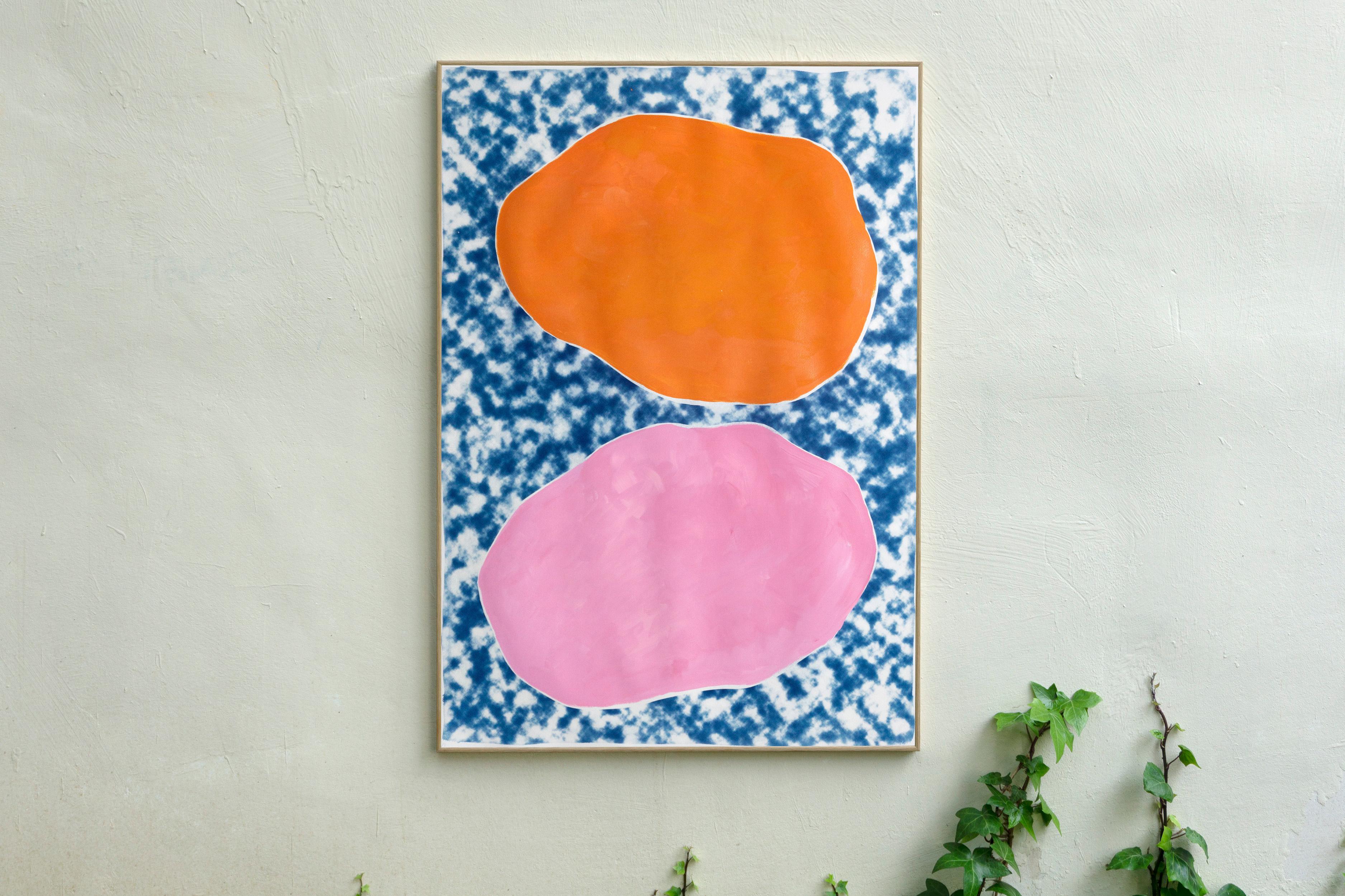 Pink and Orange Ovals on Clouds, Acrylic Paint on Cyanotype, Abstract Monotype - Abstract Geometric Print by Kind of Cyan