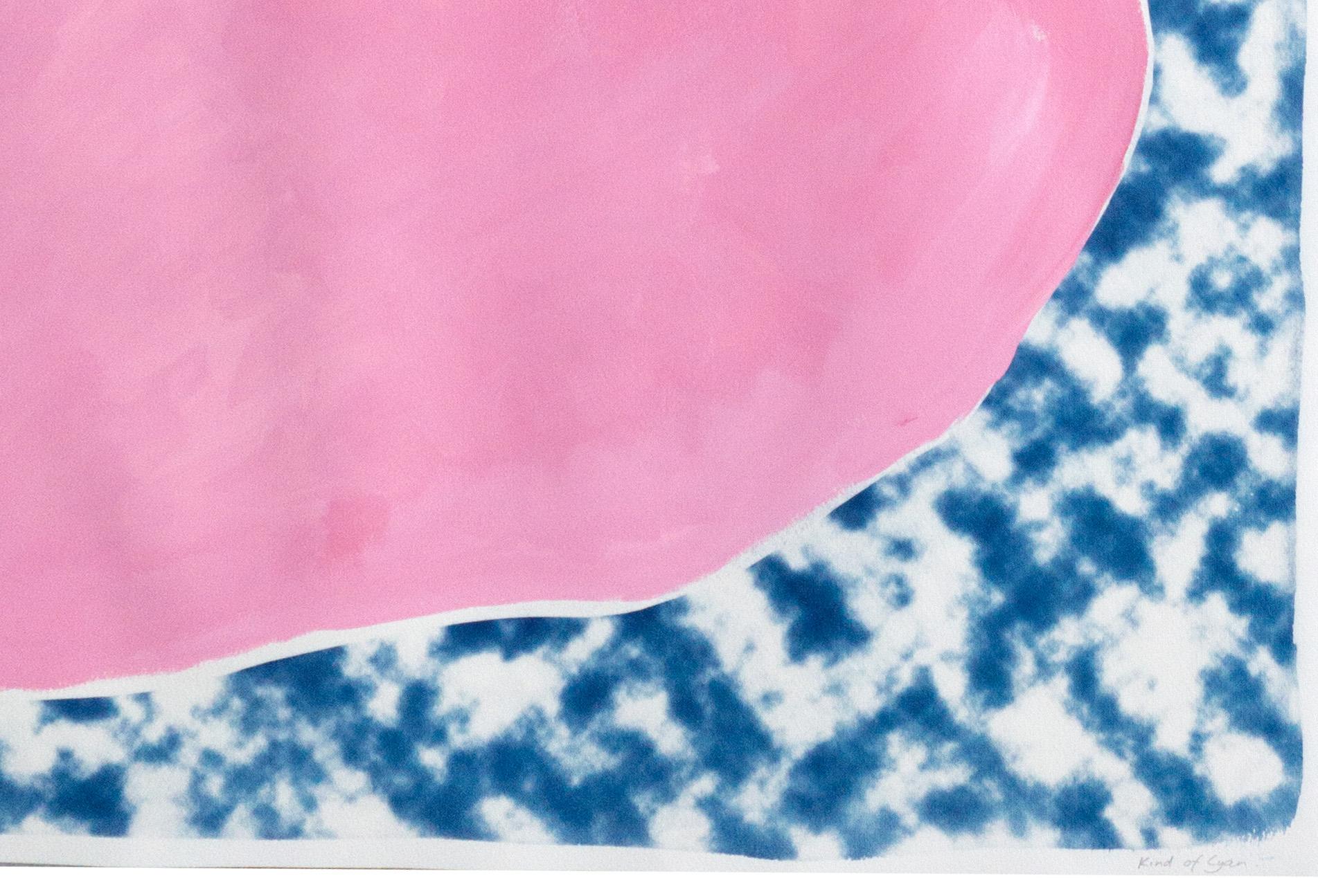 Pink and Orange Ovals on Clouds, Acrylic Paint on Cyanotype, Abstract Monotype - Purple Abstract Print by Kind of Cyan