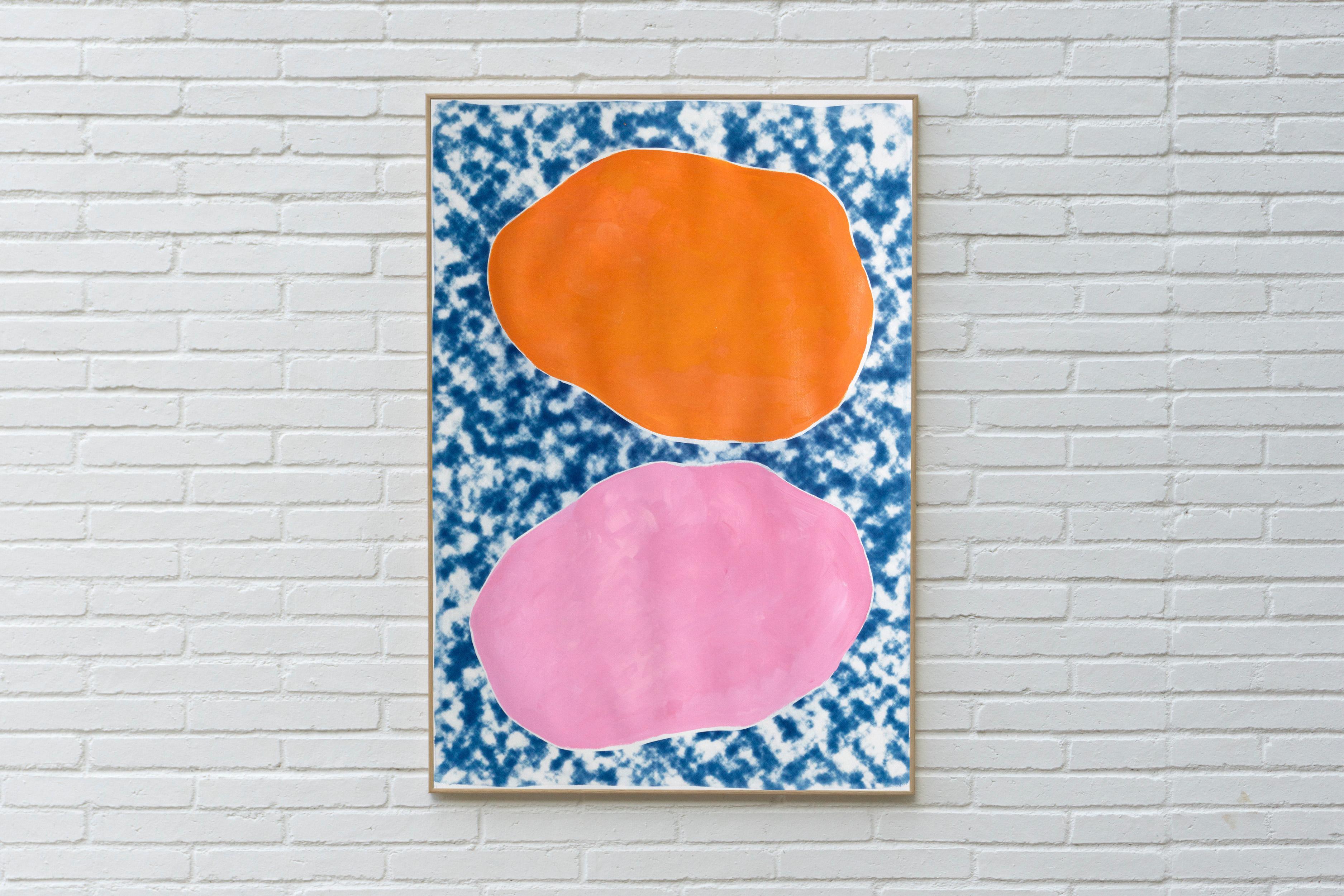 Pink and Orange Ovals on Clouds, Acrylic Paint on Cyanotype, Abstract Monotype 2