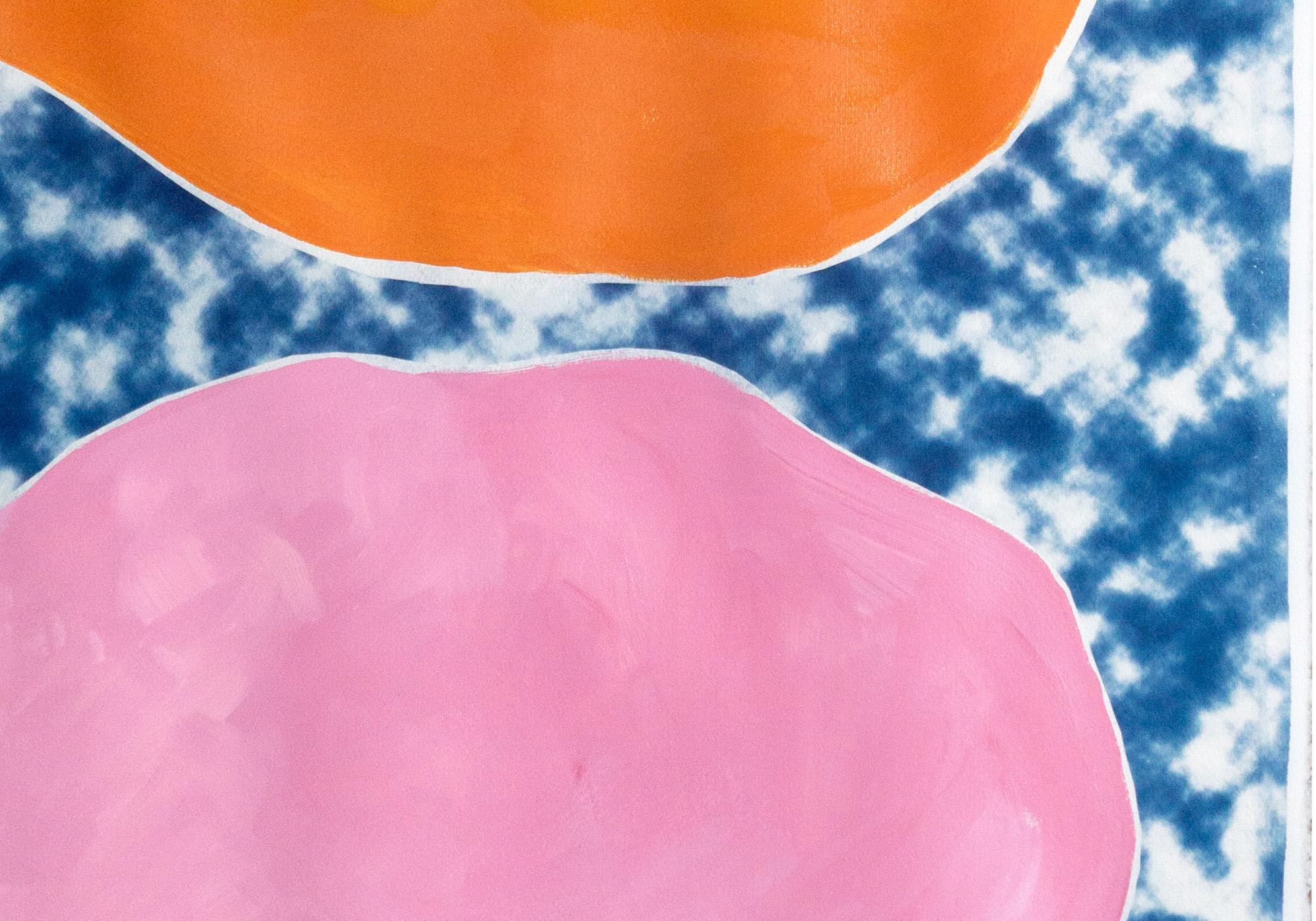 Pink and Orange Ovals on Clouds, Acrylic Paint on Cyanotype, Abstract Monotype 1