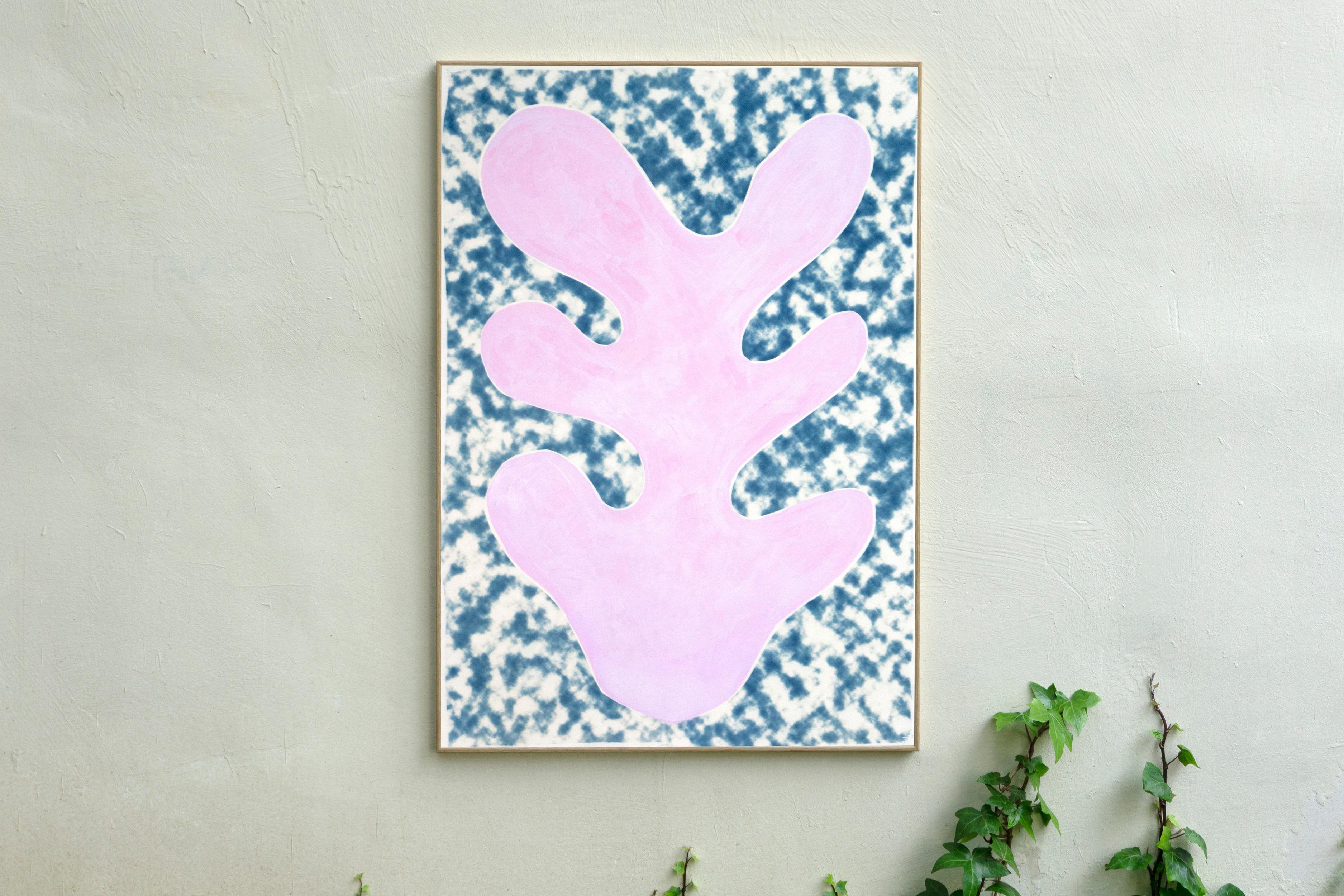 This is a unique mixed media piece: it is a hand-painted botanical abstract colorful shape upon a background that is a cyanotype print of a cloudy texture, giving it a modern, abstract geometric feel that will look great in contemporary and classic