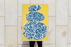 Blue Stacked Stones on Yellow Background, Mixed Media Painting, Zen Inspiration