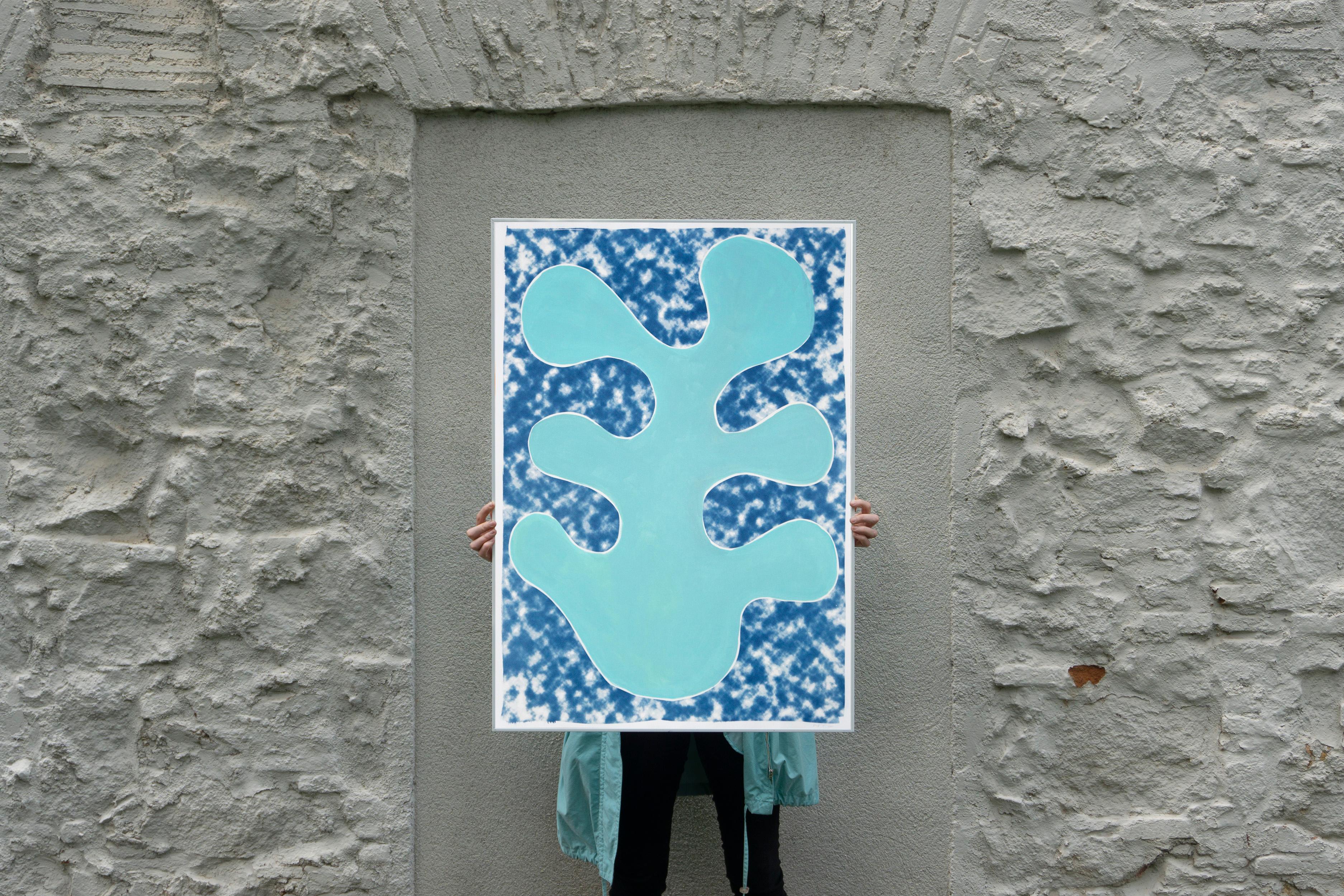 This is a unique mixed media piece: it is a hand-painted botanical abstract colorful shape upon a background that is a cyanotype print of a cloudy texture, giving it a modern, abstract geometric feel that will look great in contemporary and classic