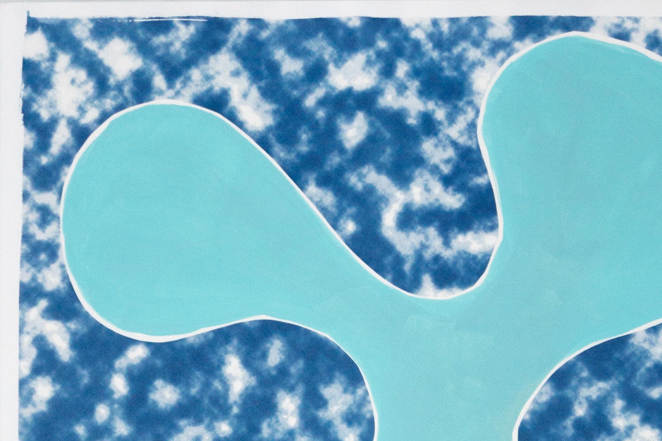 Peinture moderne organique avec découpe de feuilles turquoises sur fond nuageux abstrait en vente 2