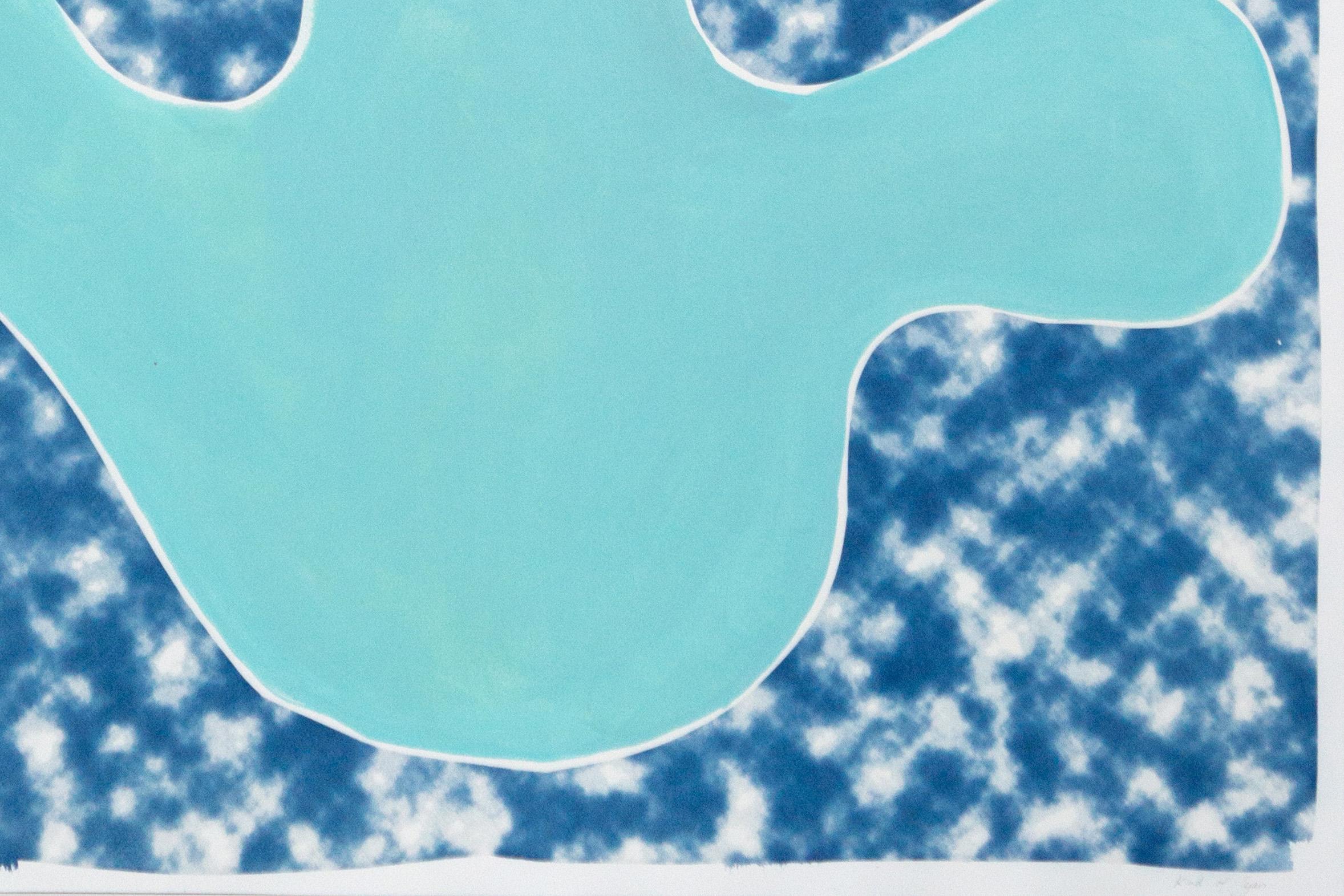 Peinture moderne organique avec découpe de feuilles turquoise sur fond nuageux abstrait, peinture  en vente 3