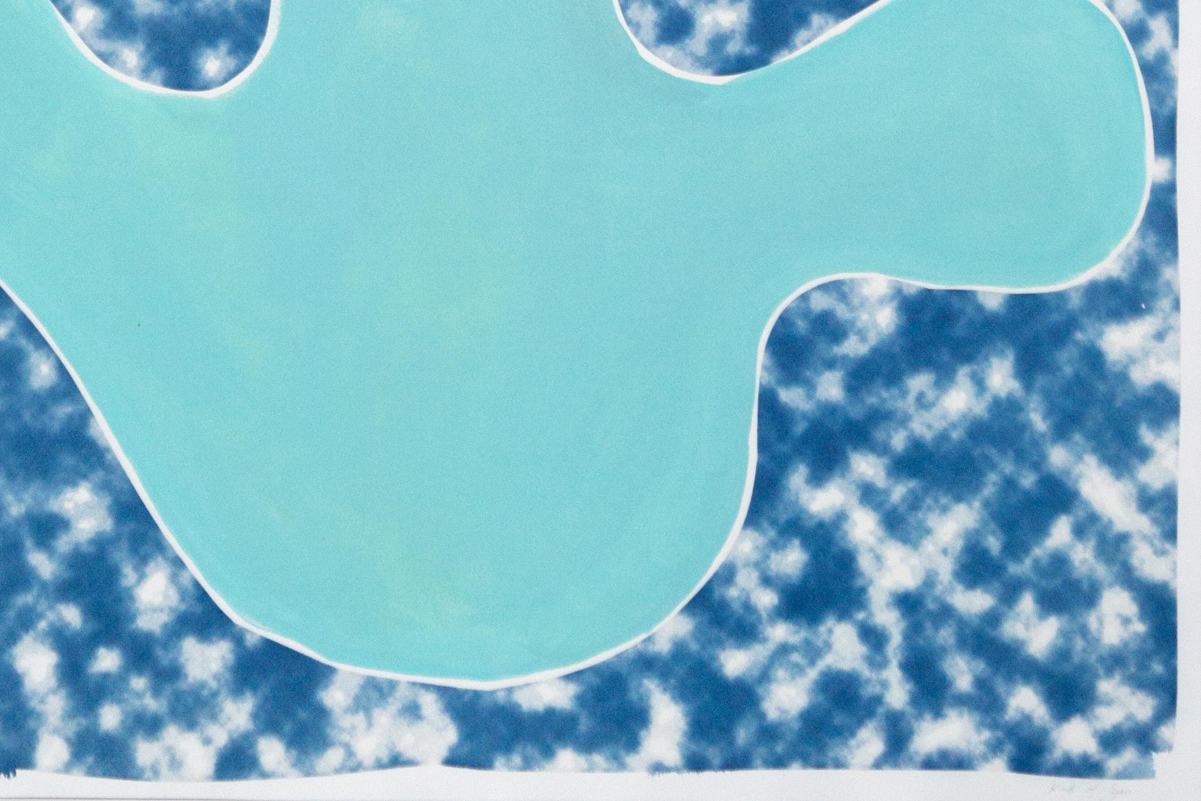 Peinture moderne organique avec découpe de feuilles turquoises sur fond nuageux abstrait en vente 3