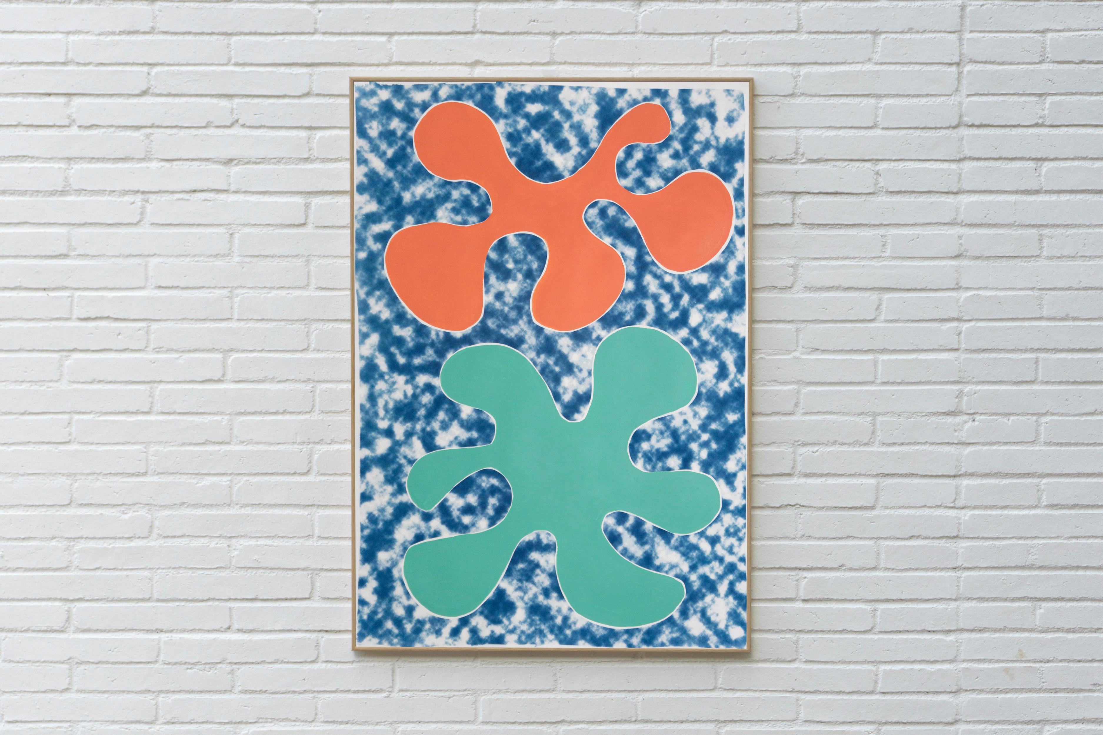 This is a unique mixed media piece: it is a hand-painted botanical abstract colorful shape upon a background that is a cyanotype print of a cloudy texture, giving it a modern, abstract geometric feel that will look great in contemporary and classic
