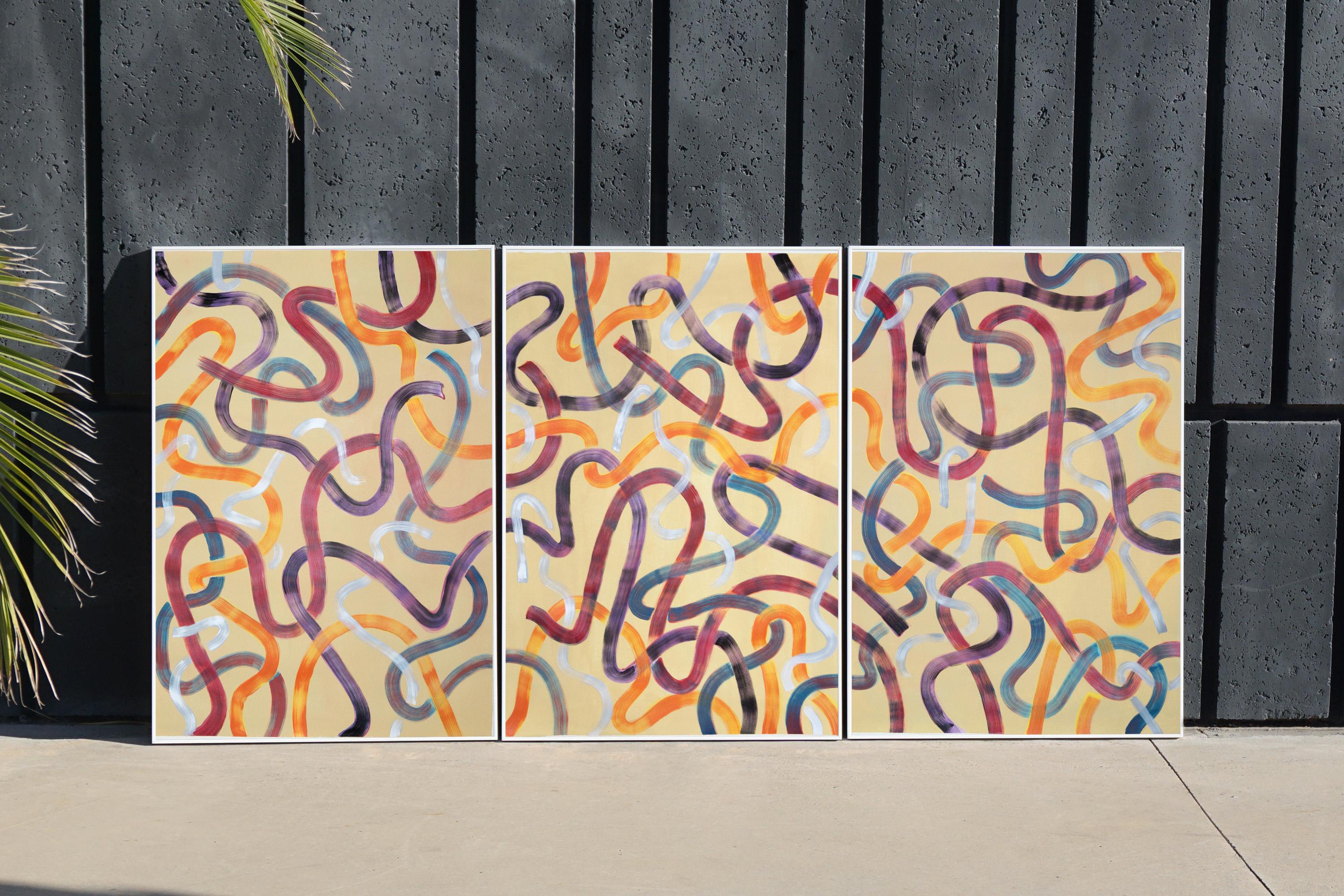 Warm Tones Painted on Beige, Acrylic Triptych on Paper, Large Painting Gestures 5