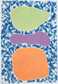 Three Pastel Ovals on Blue, Cyanotype and Acrylic Painting on Paper, Geometric