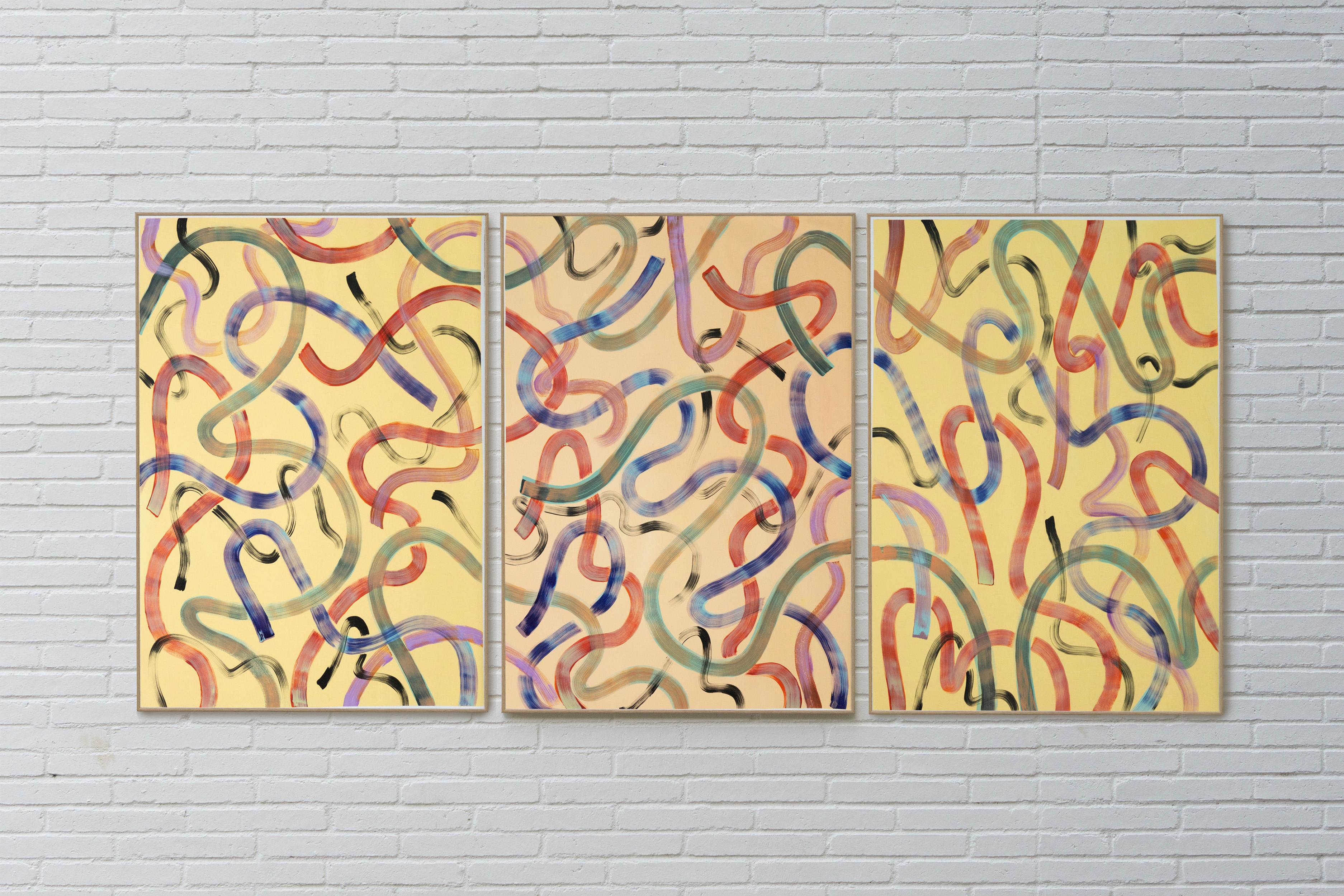 Light Abstract Movements on Cream, Large Acrylic Triptych on Paper, Colourful  - Painting by Natalia Roman