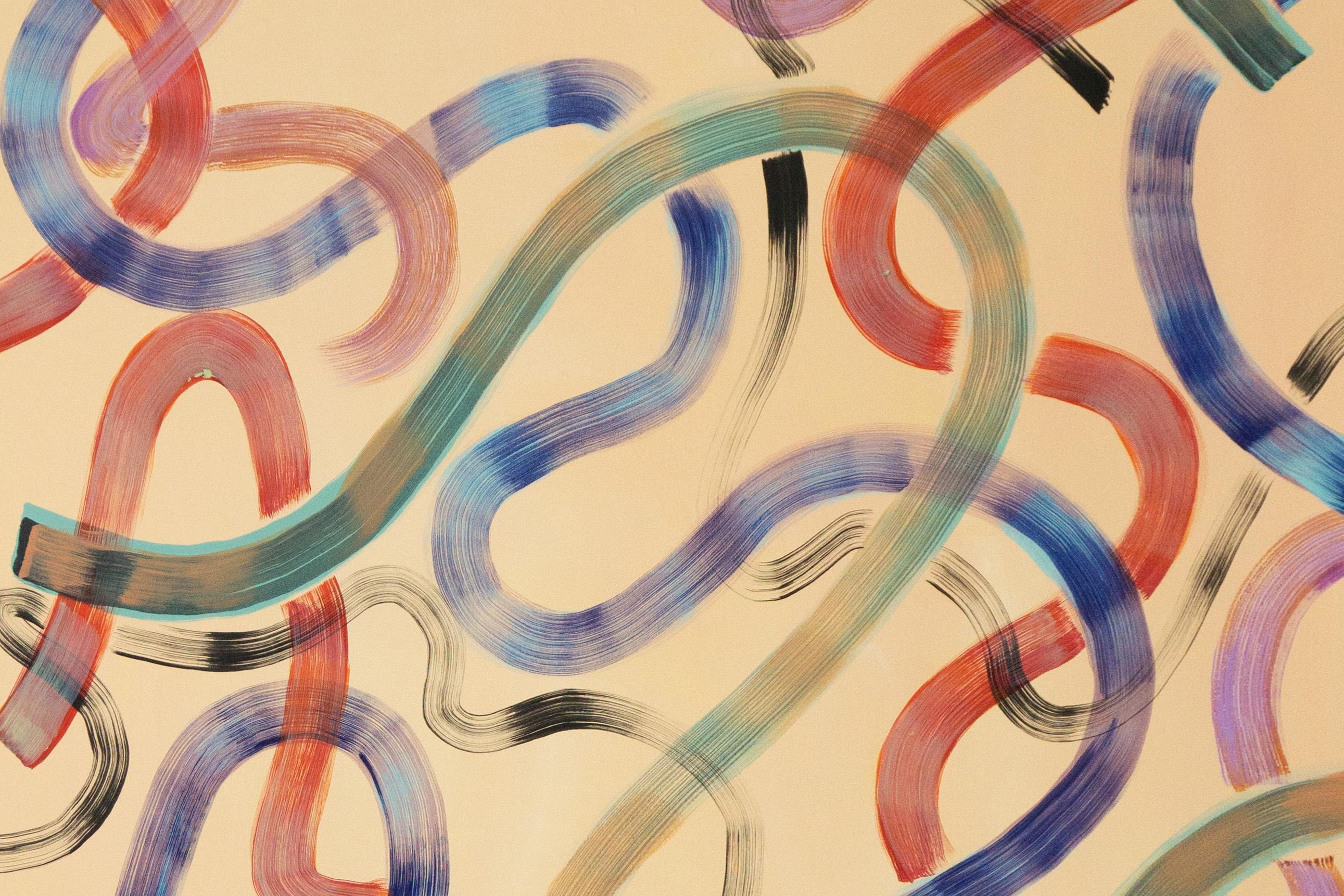 Light Abstract Movements on Cream, Large Acrylic Triptych on Paper, Colourful  4