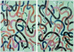 Flowing Painted Lines on Pistachio, Abstract Urban Art, Acrylic Diptych on Paper
