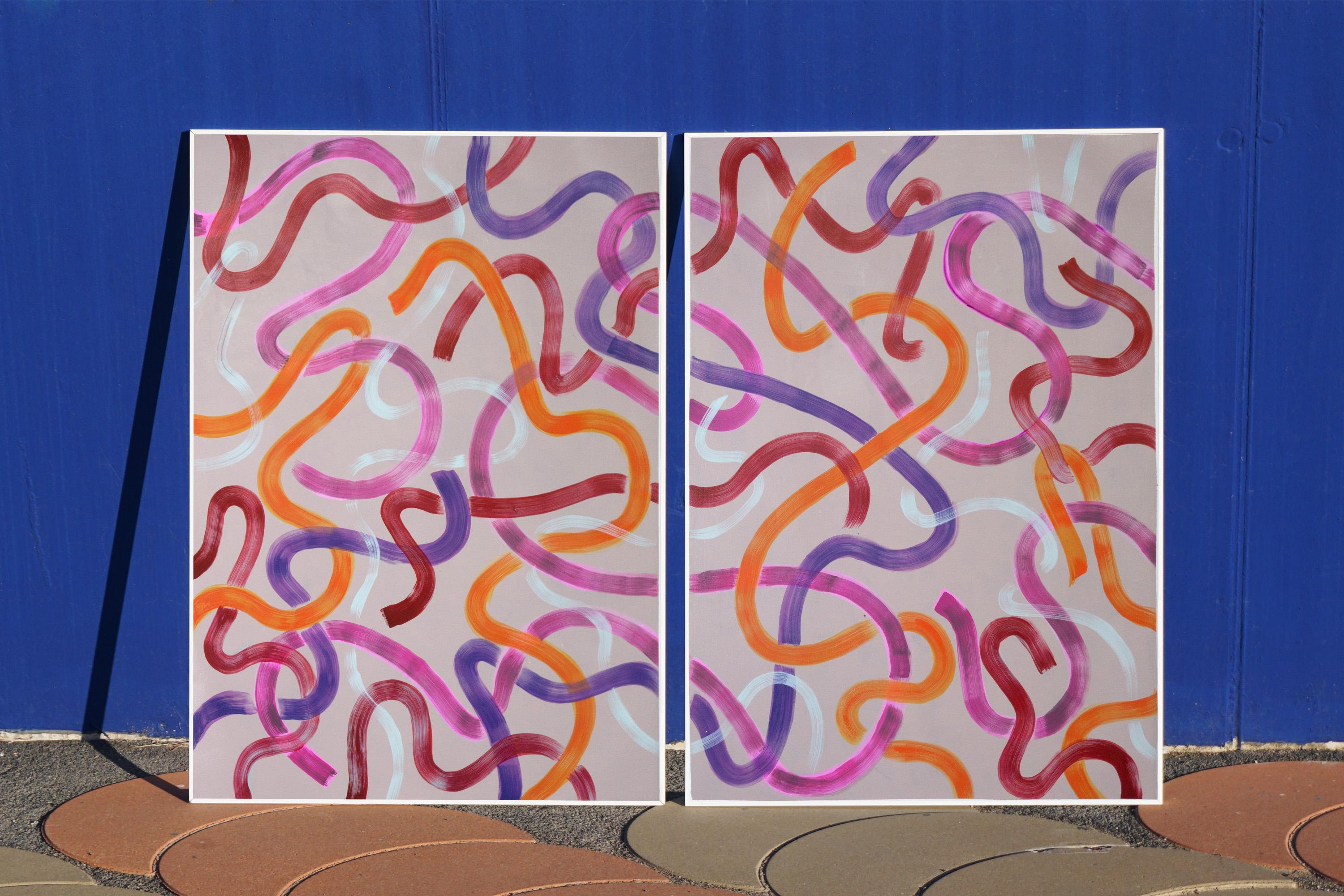 Warm Abstract Strokes on Gray, Abstract Urban Art, Acrylic Diptych on Paper 2