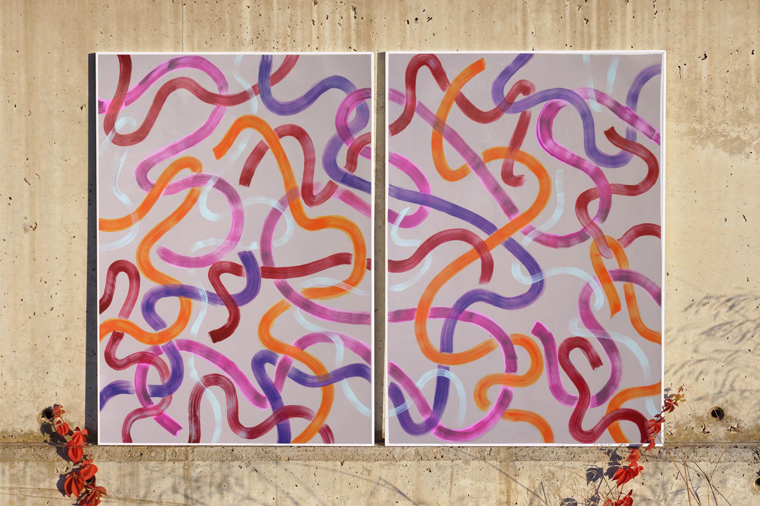 Warm Abstract Strokes on Gray, Abstract Urban Art, Acrylic Diptych on Paper - Brown Abstract Painting by Natalia Roman