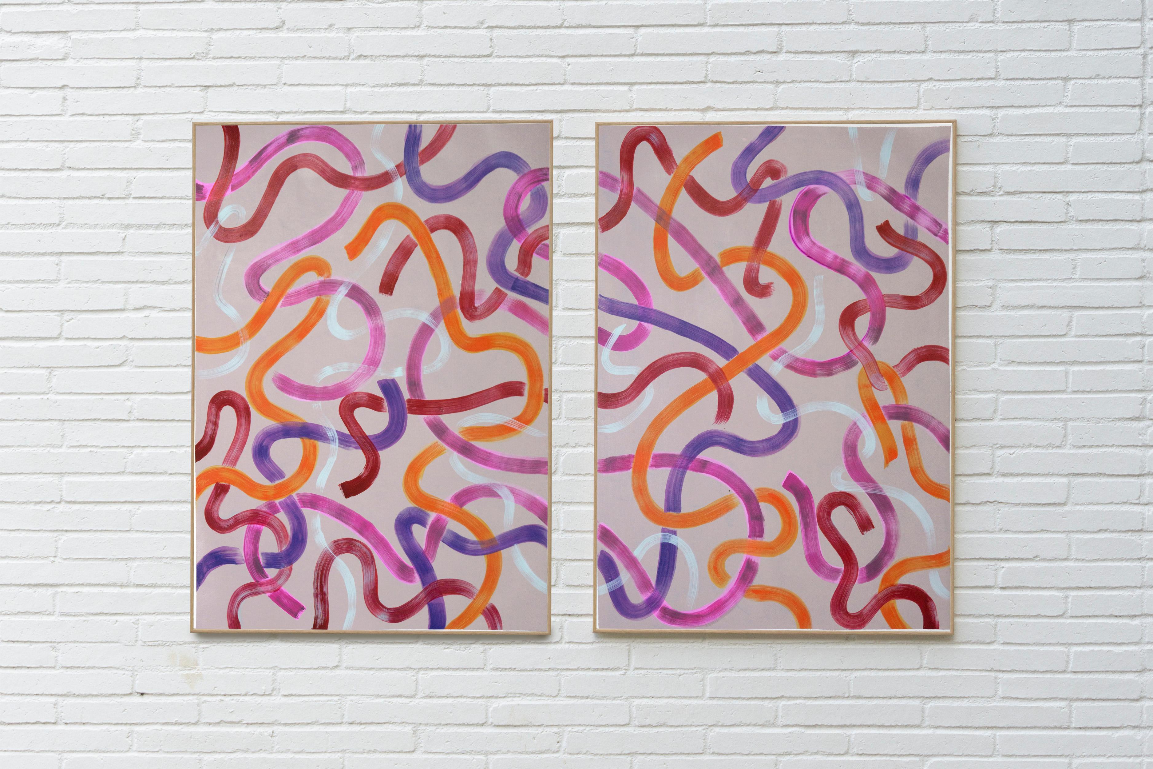 Warm Abstract Strokes on Gray, Abstract Urban Art, Acrylic Diptych on Paper - Painting by Natalia Roman
