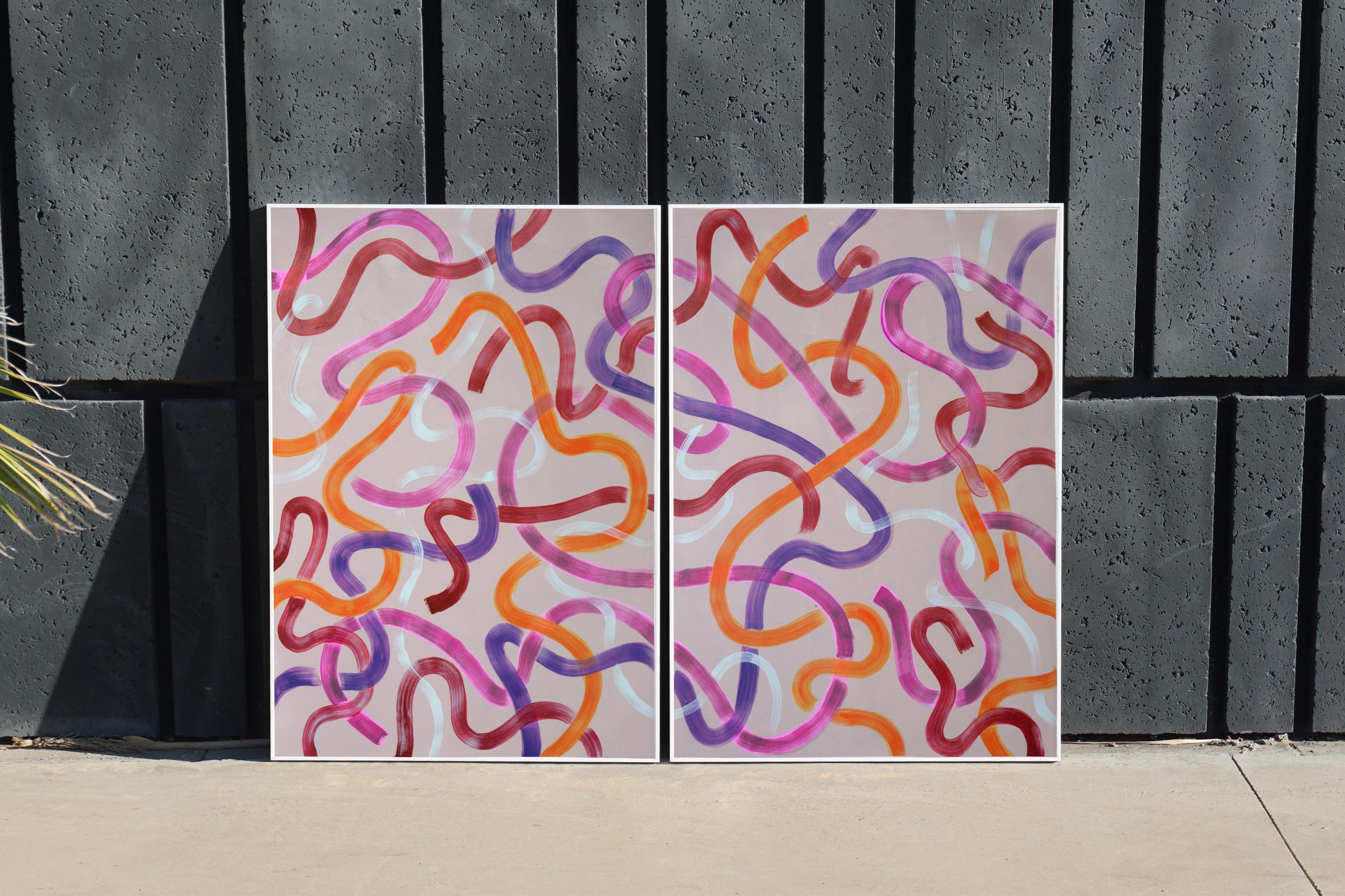 Warm Abstract Strokes on Gray, Abstract Urban Art, Acrylic Diptych on Paper 4