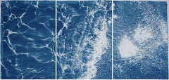 Turquoise Abstract Wave in Tulum, Cyanotype Triptych Seascape of Caribbean Beach