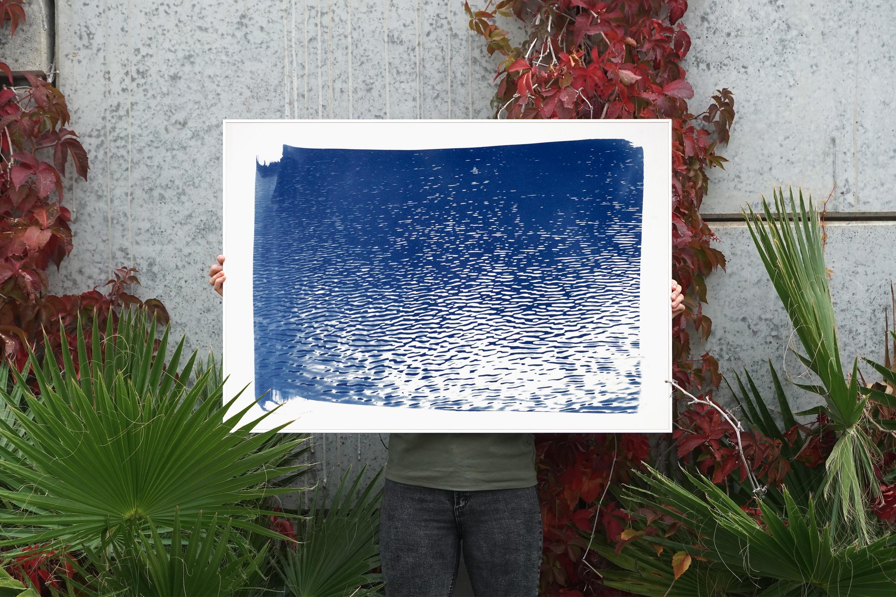 Lake Tahoe Panorama, Cyanotype on Watercolor Paper, 100x70cm, Lake House Art - Print by Kind of Cyan