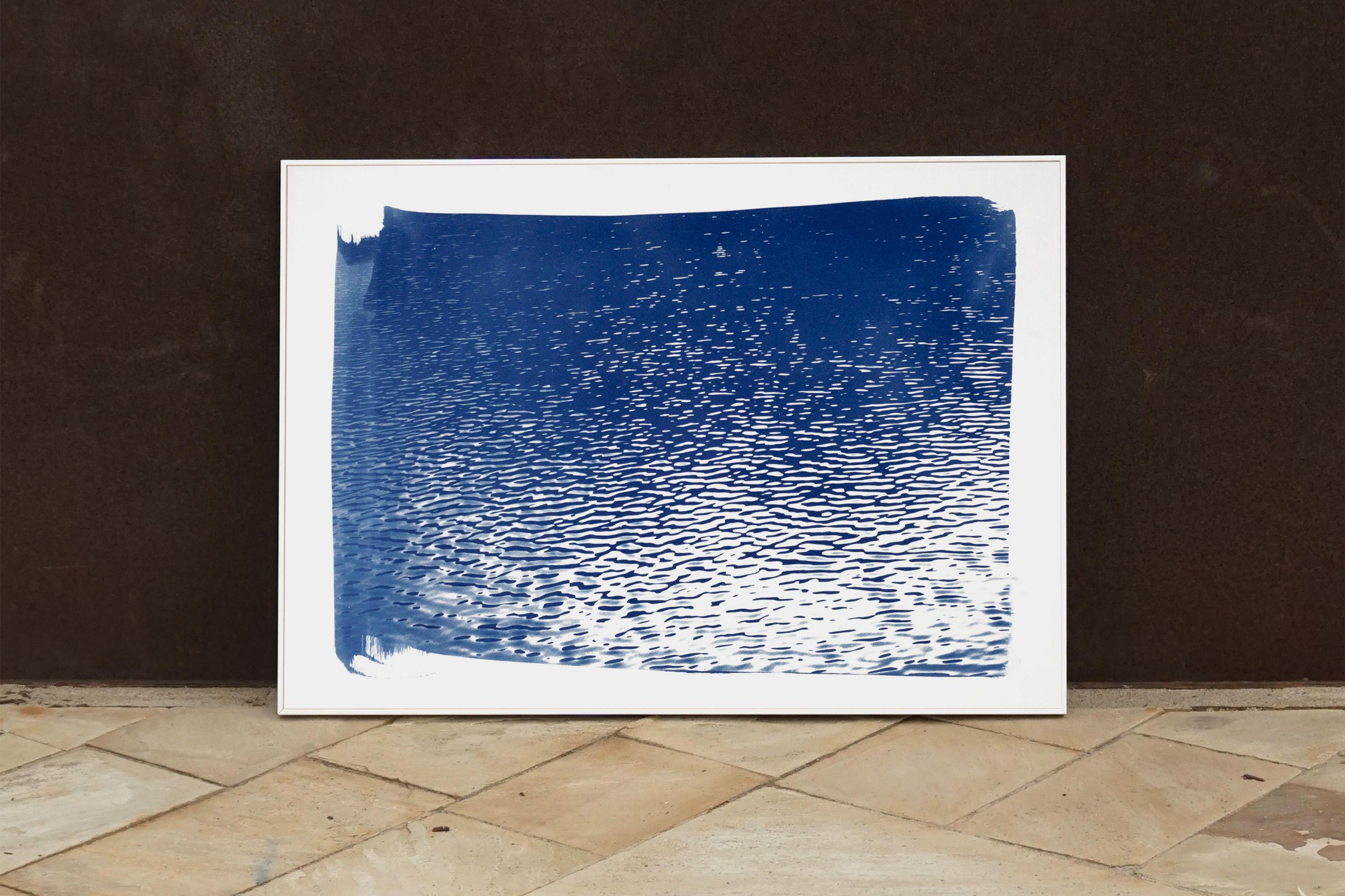 Lake Tahoe Panorama, Cyanotype on Watercolor Paper, 100x70cm, Lake House Art - Blue Landscape Print by Kind of Cyan