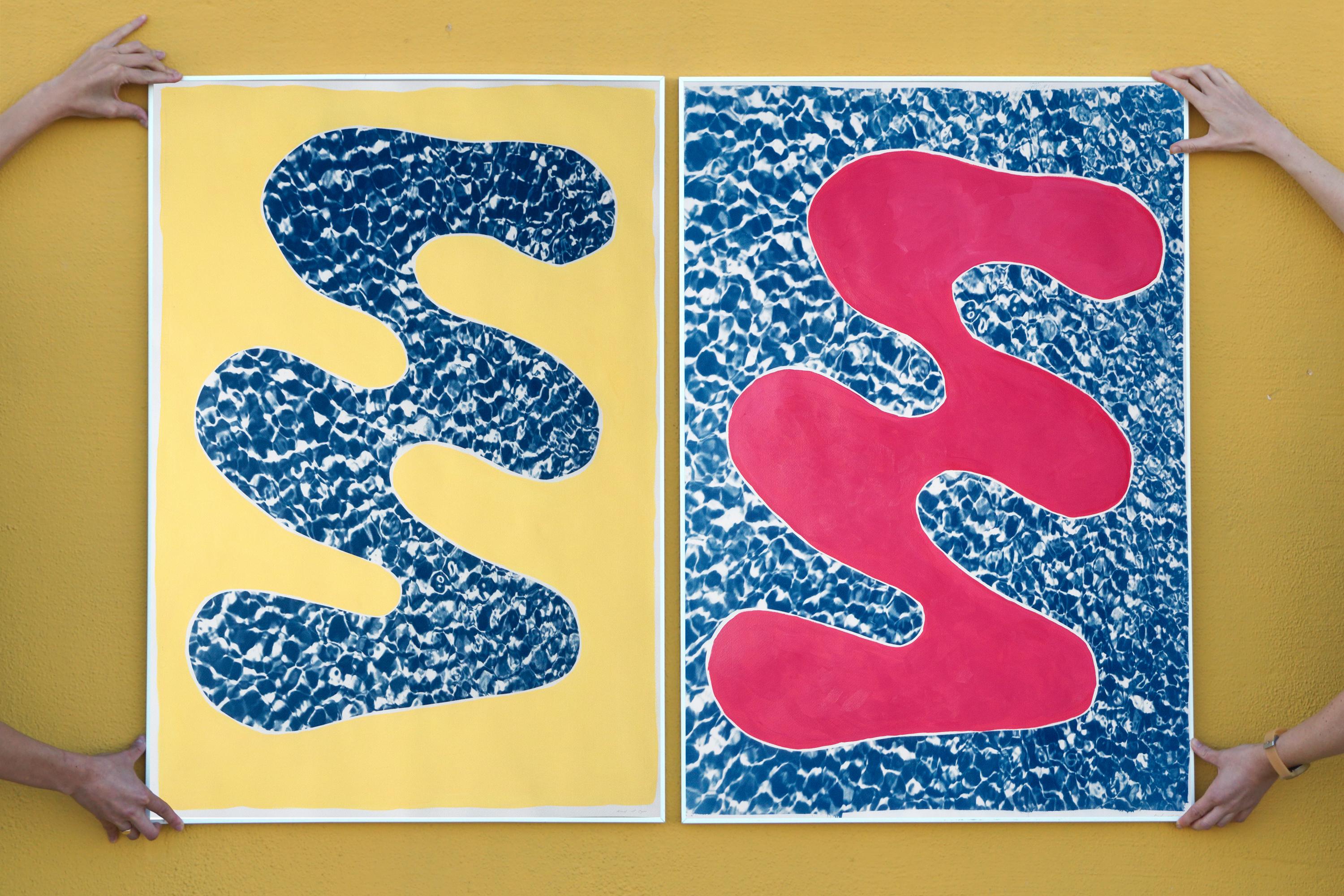 Pool Water Brushstroke Diptych, Cyanotype Print and Acrylic Painting on Paper 2