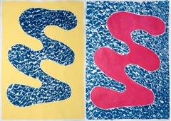Pool Water Brushstroke Diptych, Cyanotype Print and Acrylic Painting on Paper