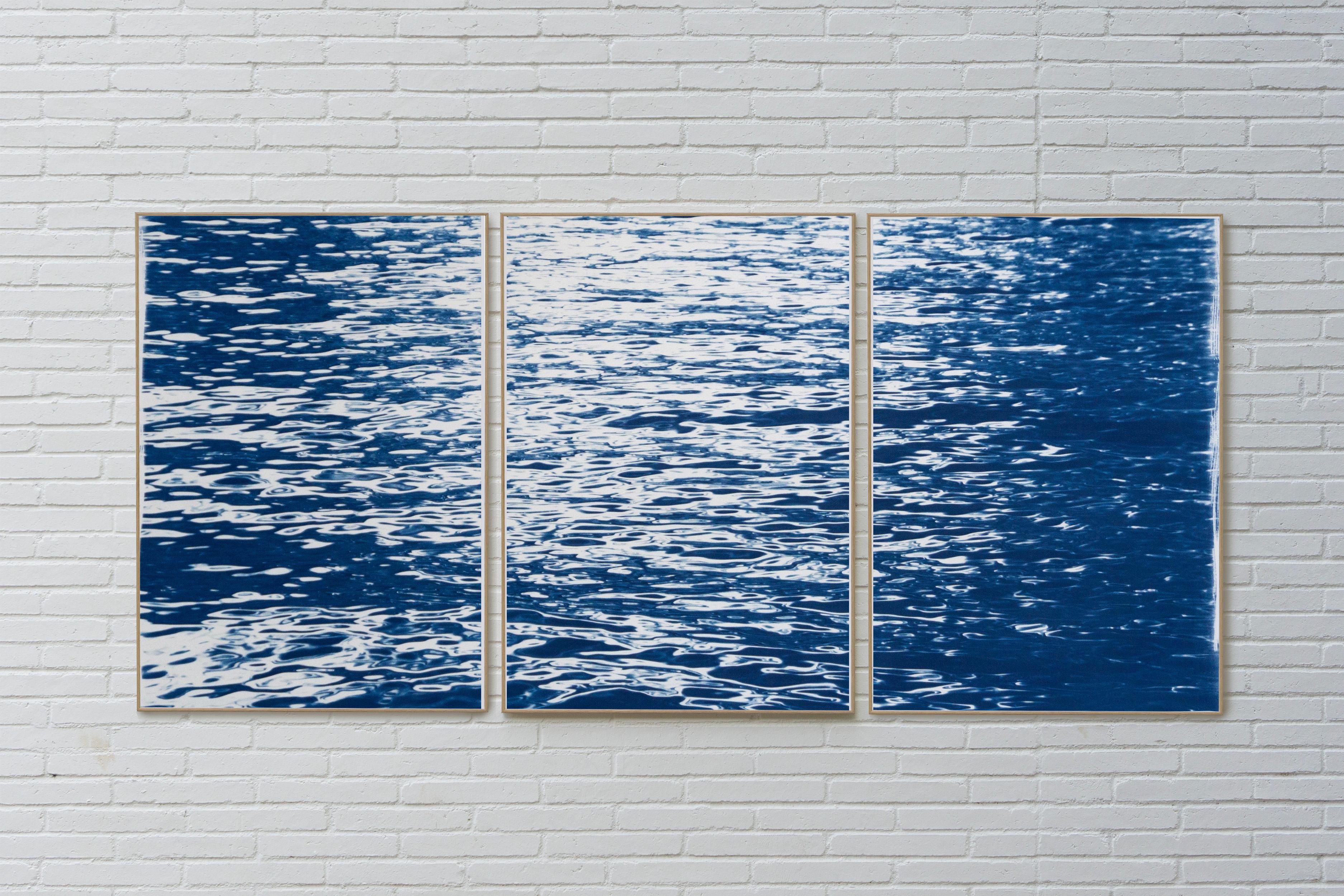 Moonlight Ripples over Lake Como, Nautical Cyanotype Triptych of Moving Water - Contemporary Print by Kind of Cyan