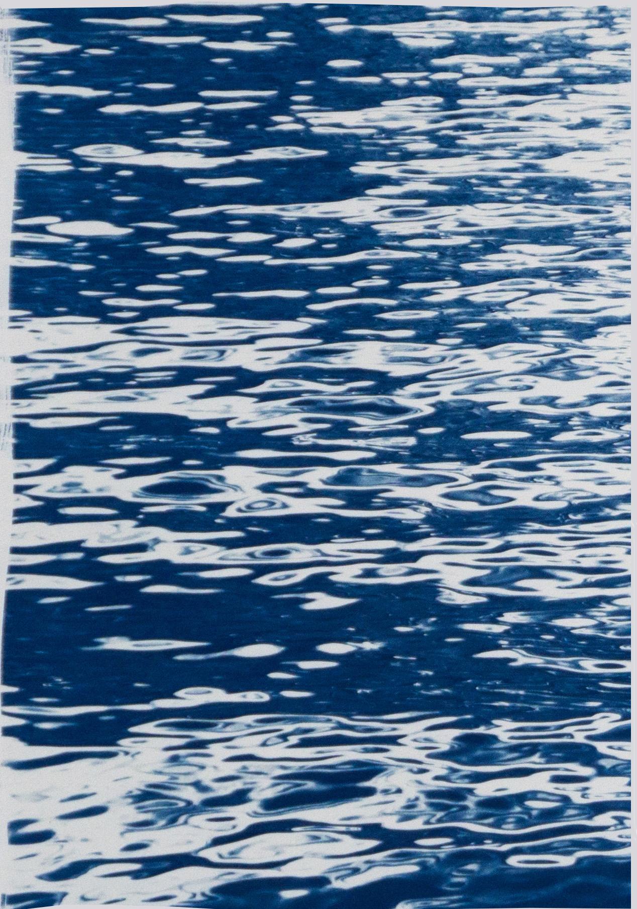 Moonlight Ripples over Lake Como, Nautical Cyanotype Triptych of Moving Water - Blue Abstract Print by Kind of Cyan