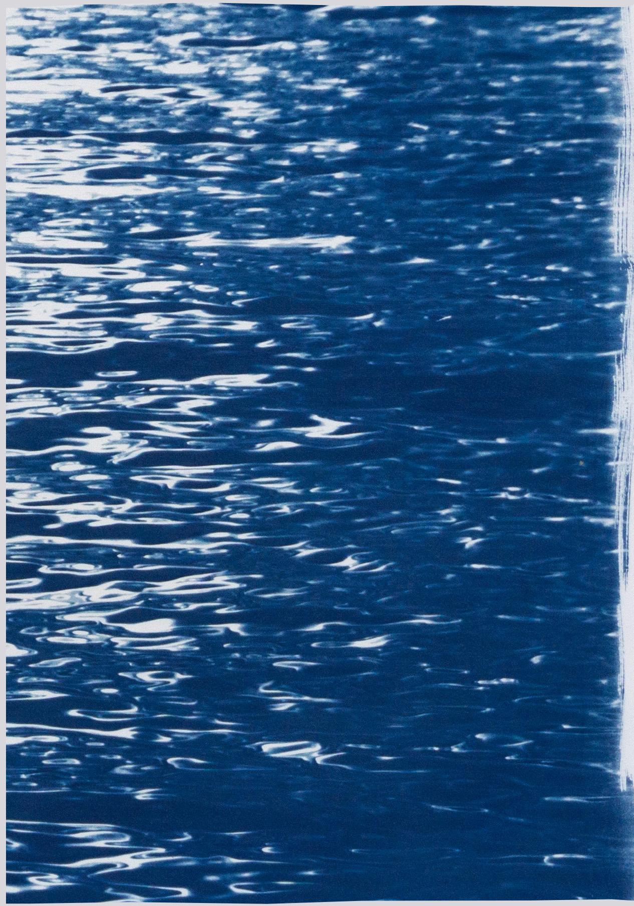 Moonlight Ripples over Lake Como, Nautical Cyanotype Triptych of Moving Water 1
