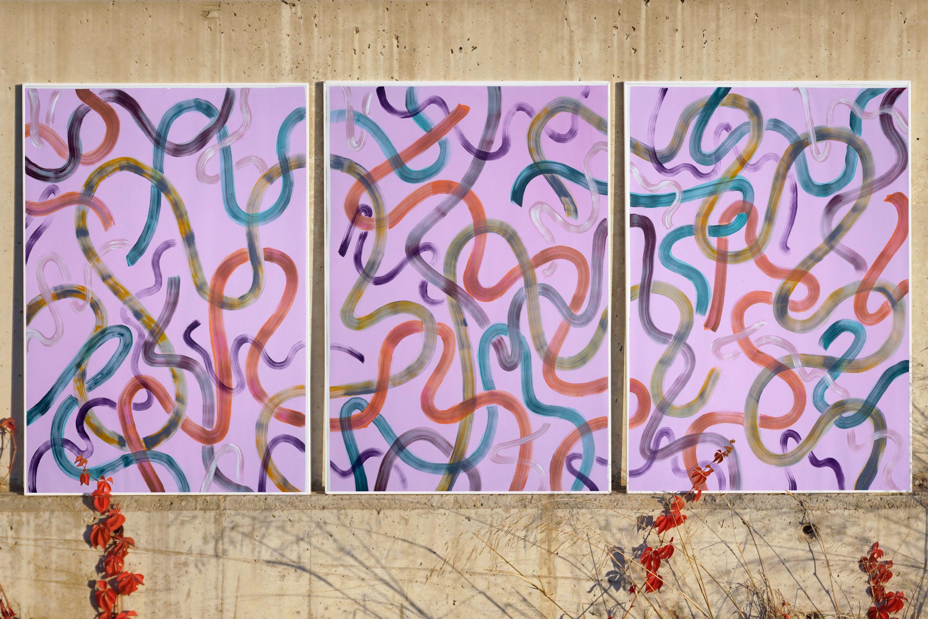 Large Abstract Triptych of Vivid Brushstrokes on Mauve, Pastel Palette Painting 1