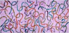 Large Abstract Triptych of Vivid Brushstrokes on Mauve, Pastel Palette Painting