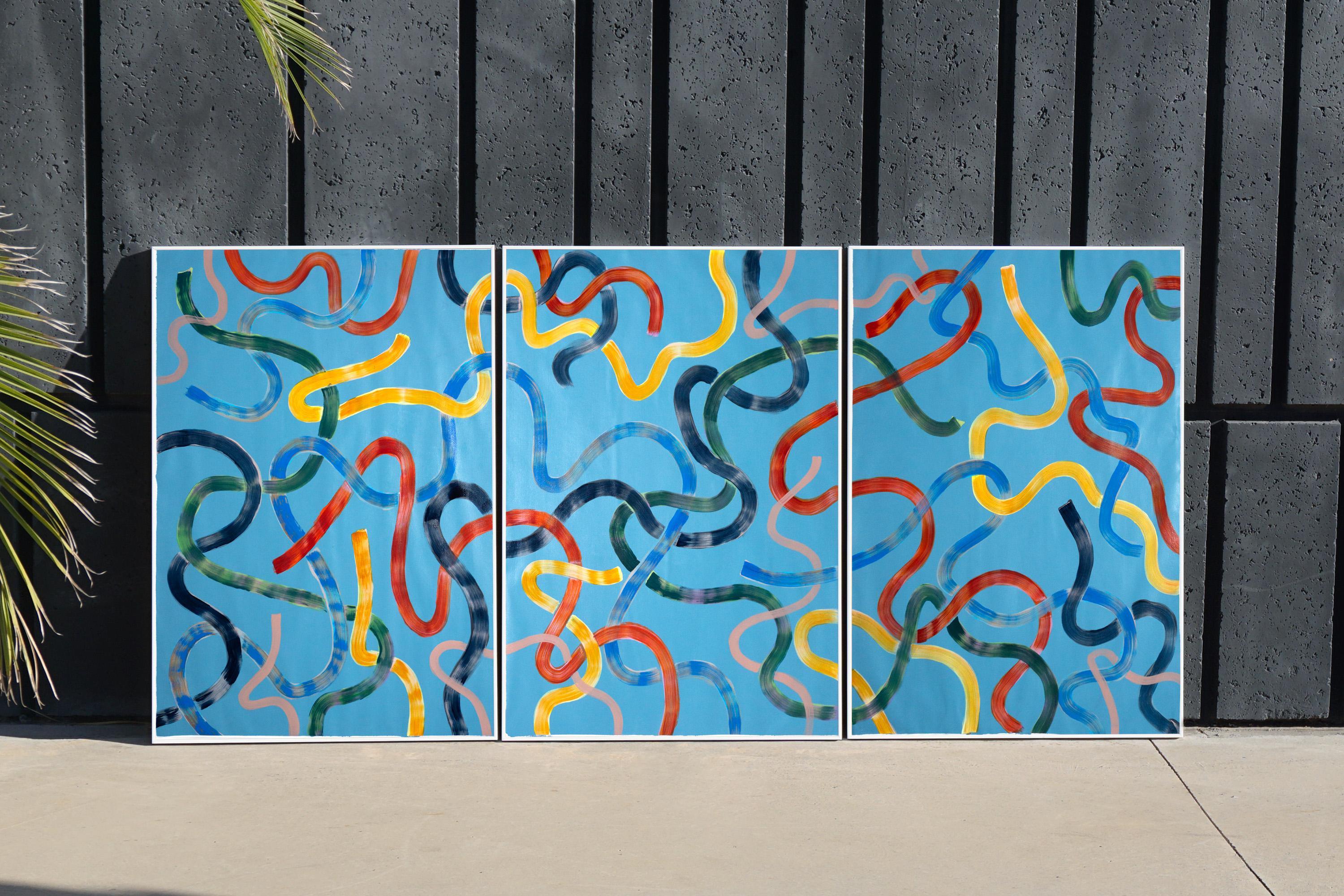 Vivid Primary Colors on Turquoise, CMYK Abstract Painting, Gestures Triptych  6