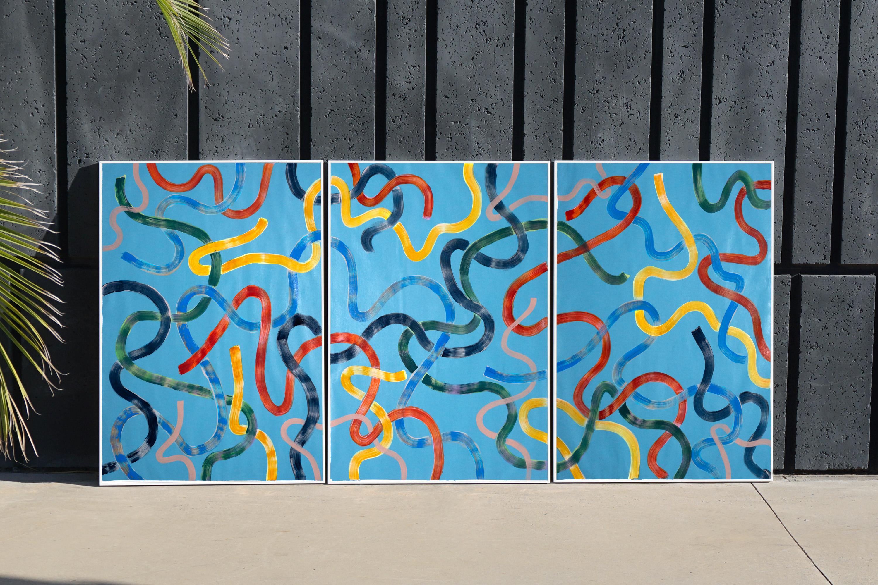 Vivid Primary Colors on Turquoise, CMYK Abstract Painting, Gestures Triptych 6